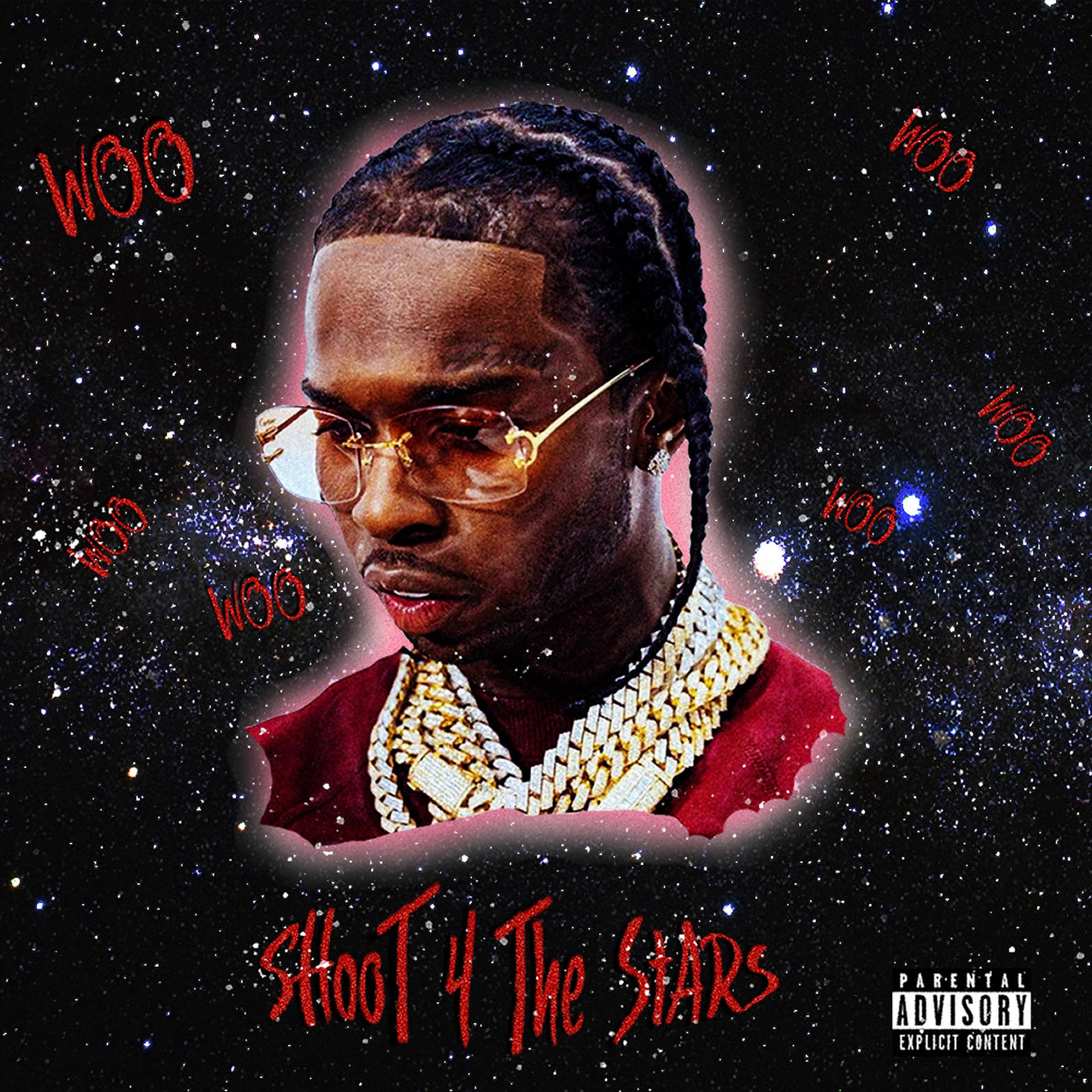 戴著金鏈和眼鏡的饒舌歌手，站在星空背景前，背景上有 'Shoot 4 The Stars' 文字。