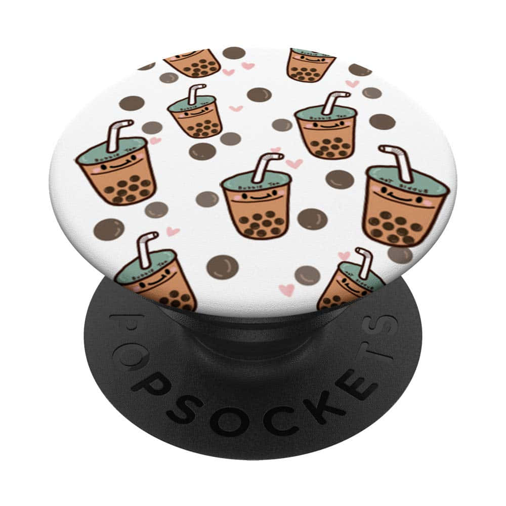波霸奶茶造型Pop Socket 壁紙 — 一個白色PopSocket，上面有可愛的卡通珍珠奶茶杯在棕色圓點和粉紅色心形之間微笑和漂浮。