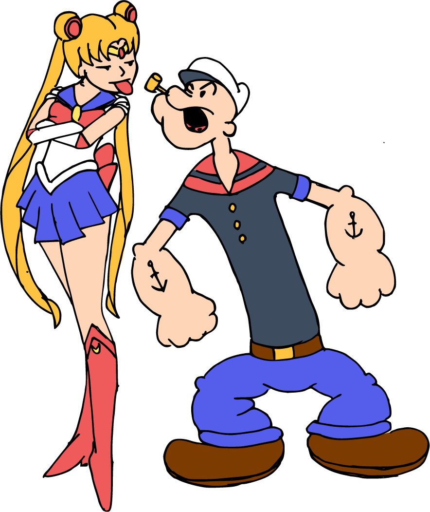 Popeye與Sailor Moon 交會 壁紙 — 美少女戰士Sailor Moon頑皮地伸出舌頭，對著大力水手Popeye，後者在黑色背景前舉起拳頭大喊。