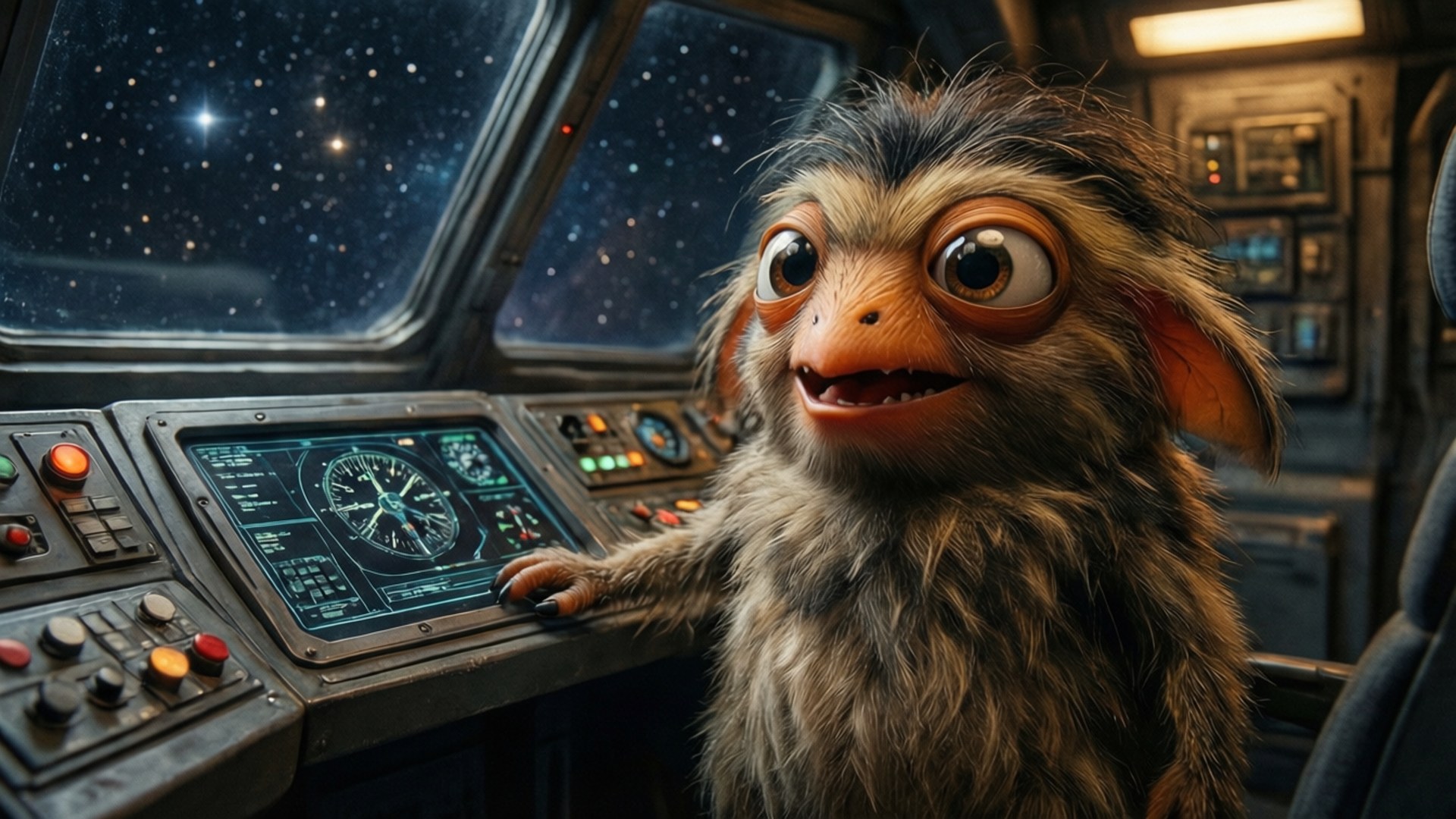 毛茸茸的外星飛行員操作星艦控制器，窗外可見星空