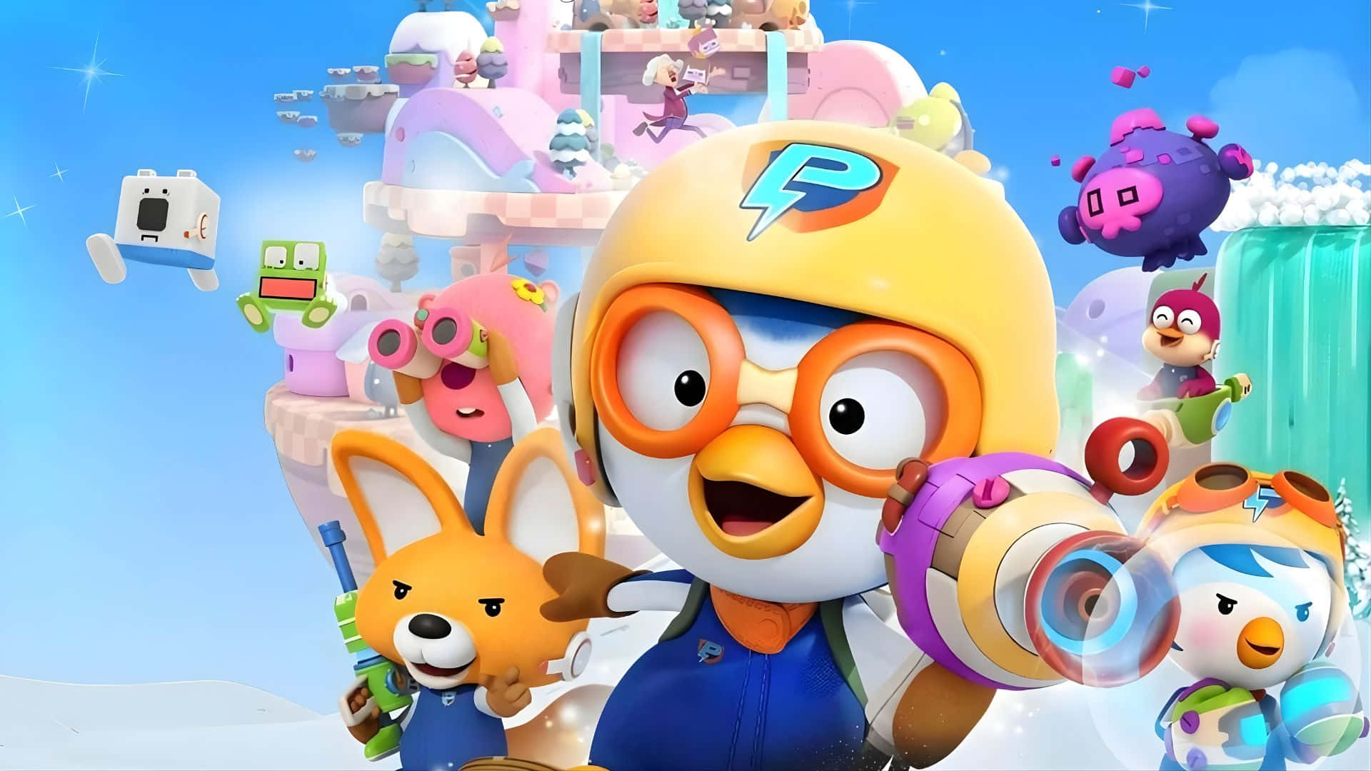  壁紙 — Pororo 和朋友們在一個充滿活力的卡通世界中，有浮動平台和俏皮的角色，在明亮的藍天下。