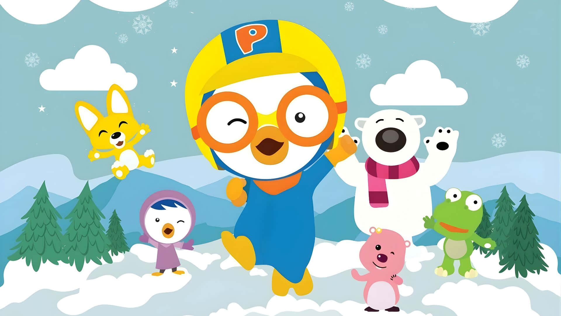  壁紙 — Pororo 和朋友們在雪地冬季風景中快樂地玩耍，有松樹和飄落的雪花。