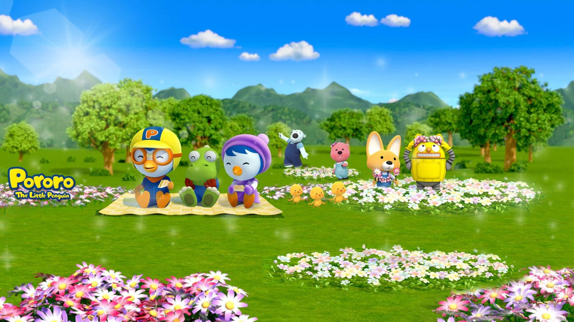  壁紙 — Pororo 和朋友們在陽光明媚的日子裡，在充滿色彩繽紛花朵和遠處綠色山丘的充滿活力的草地上野餐。