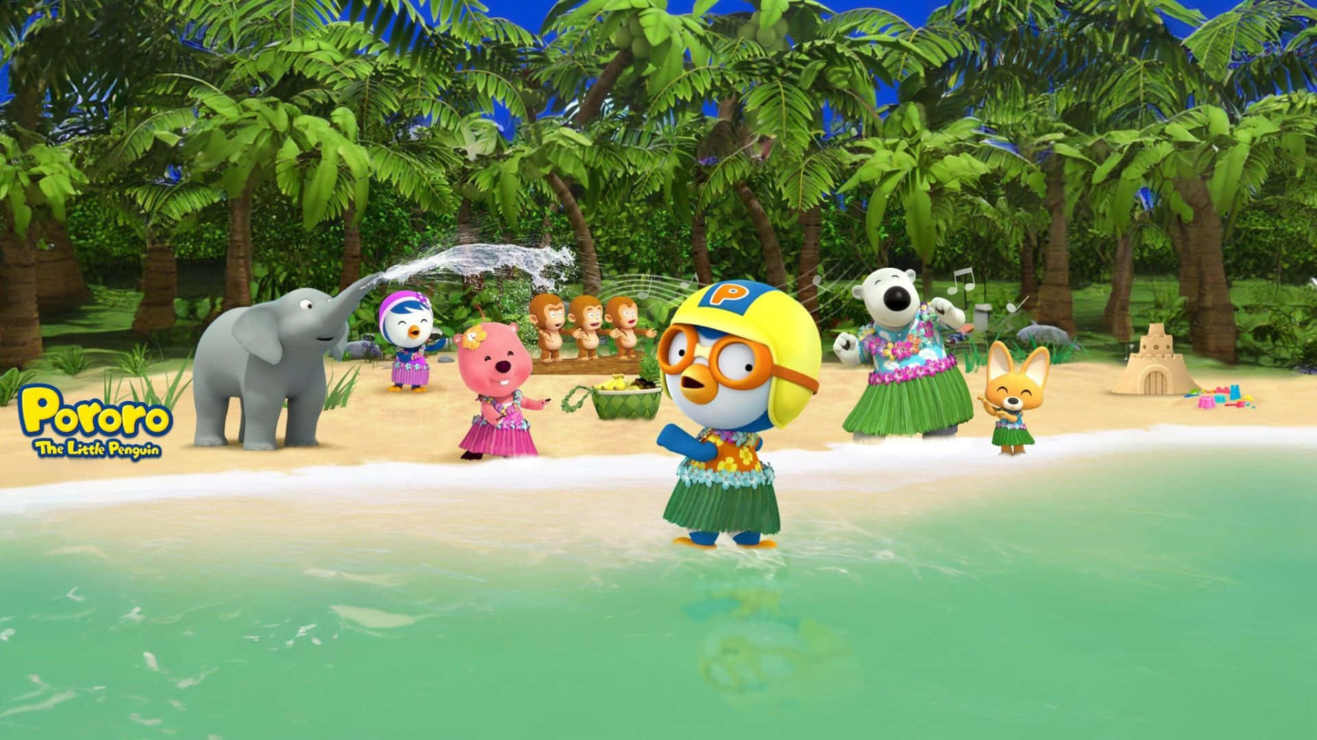  壁紙 — Pororo 和朋友們在熱帶海灘上快樂地玩耍，有棕櫚樹和碧綠的海水。