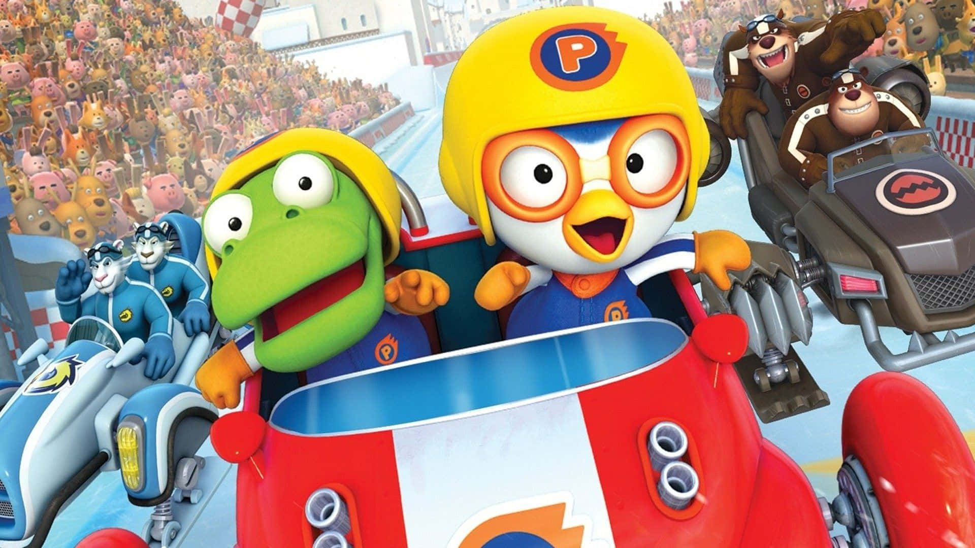  壁紙 — Pororo 和朋友們在色彩繽紛的卡丁車中比賽，有歡呼的動物人群，構成充滿活力的卡通賽車場景。