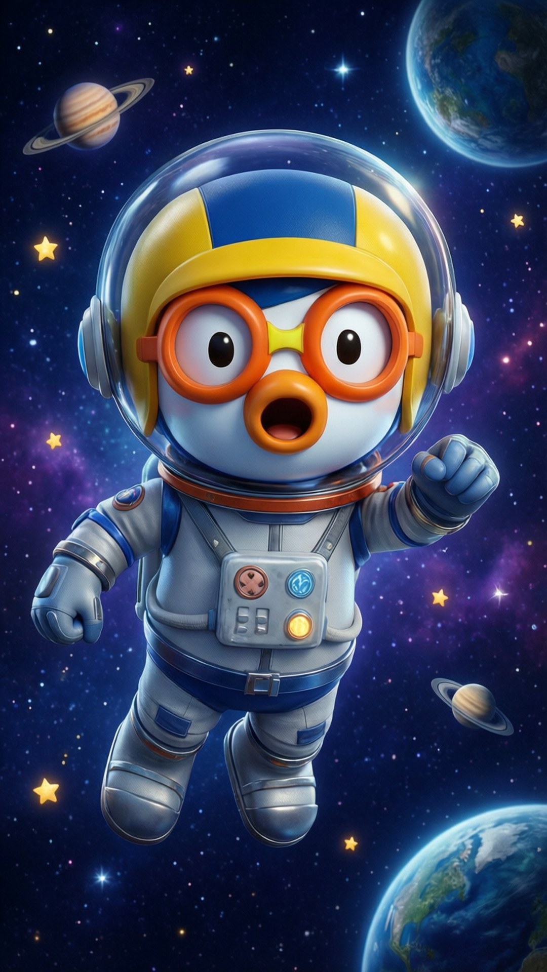 卡通太空人pororo在太空漂浮，伴隨行星和星星