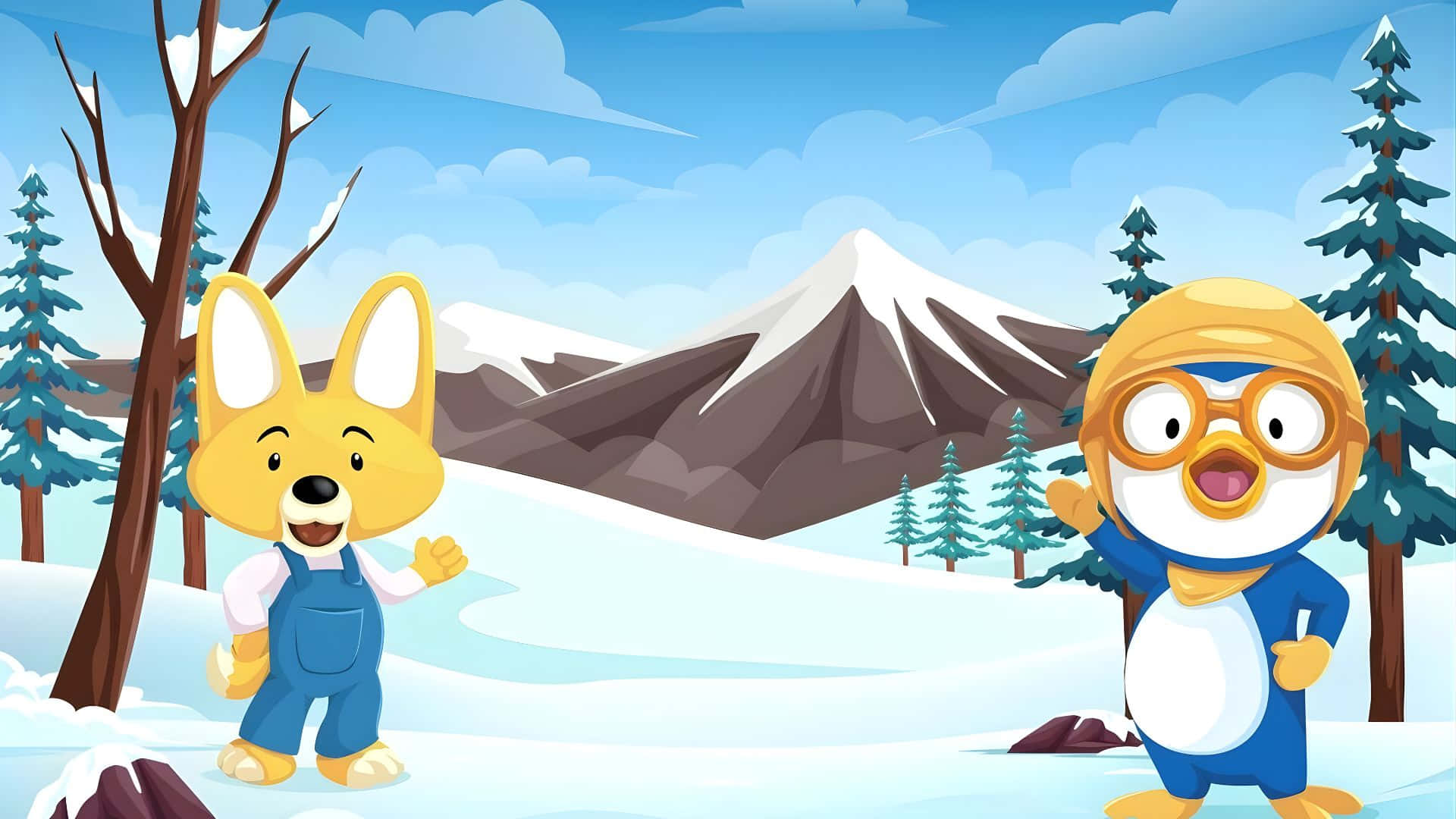 Pororo 與朋友雪中嬉戲 壁紙 — 兩個開心的卡通角色，一隻狐狸和一隻企鵝，在白雪皚皚的冬季森林中揮手，背景是積雪的山峰。