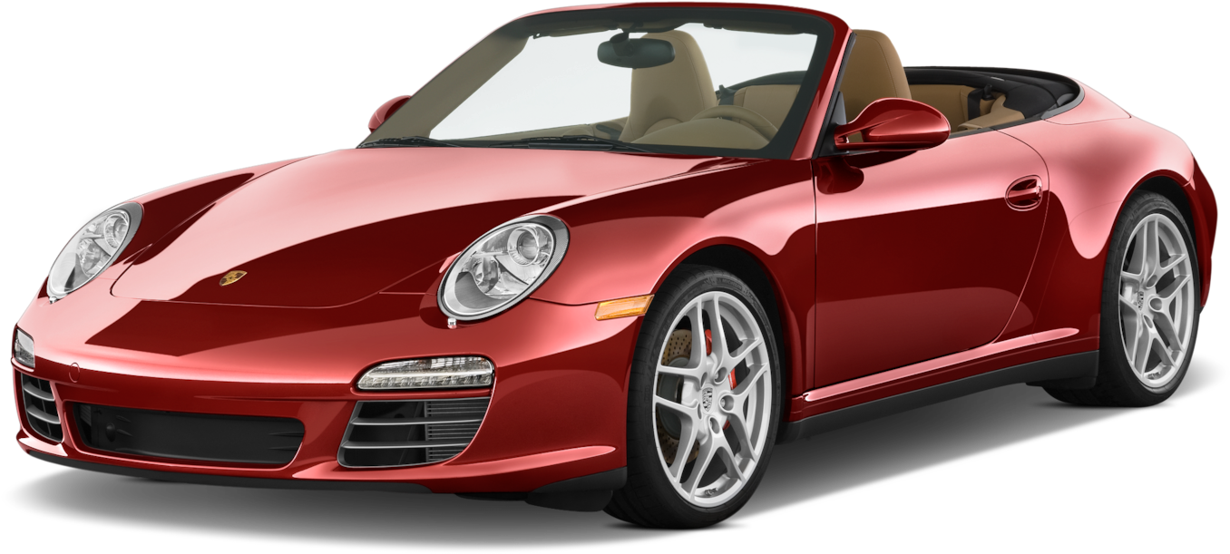 紅色Porsche 911敞篷車側面視圖 壁紙 — 一輛光澤的紅色保時捷911敞篷車，配備米色內飾和銀色輪圈，孤立在黑色背景前。