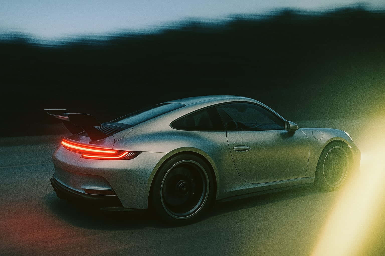 銀色保時捷911 GT3 RS在黃昏時分疾馳，紅色尾燈發光，帶有動態模糊