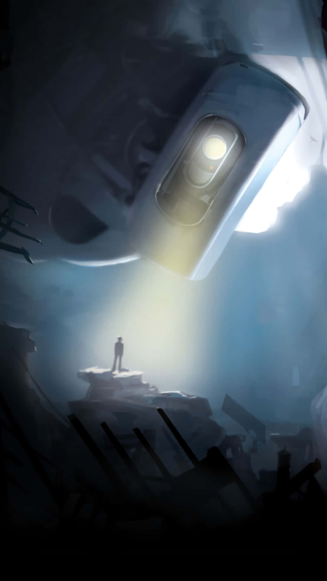 《Portal 2》中科學與冒險的釋放 壁紙 — 一個孤獨的身影站在岩石露頭上，下方有一輛巨大的懸浮車輛，在迷霧籠罩、陰影重重的景觀中投射出明亮的光束。