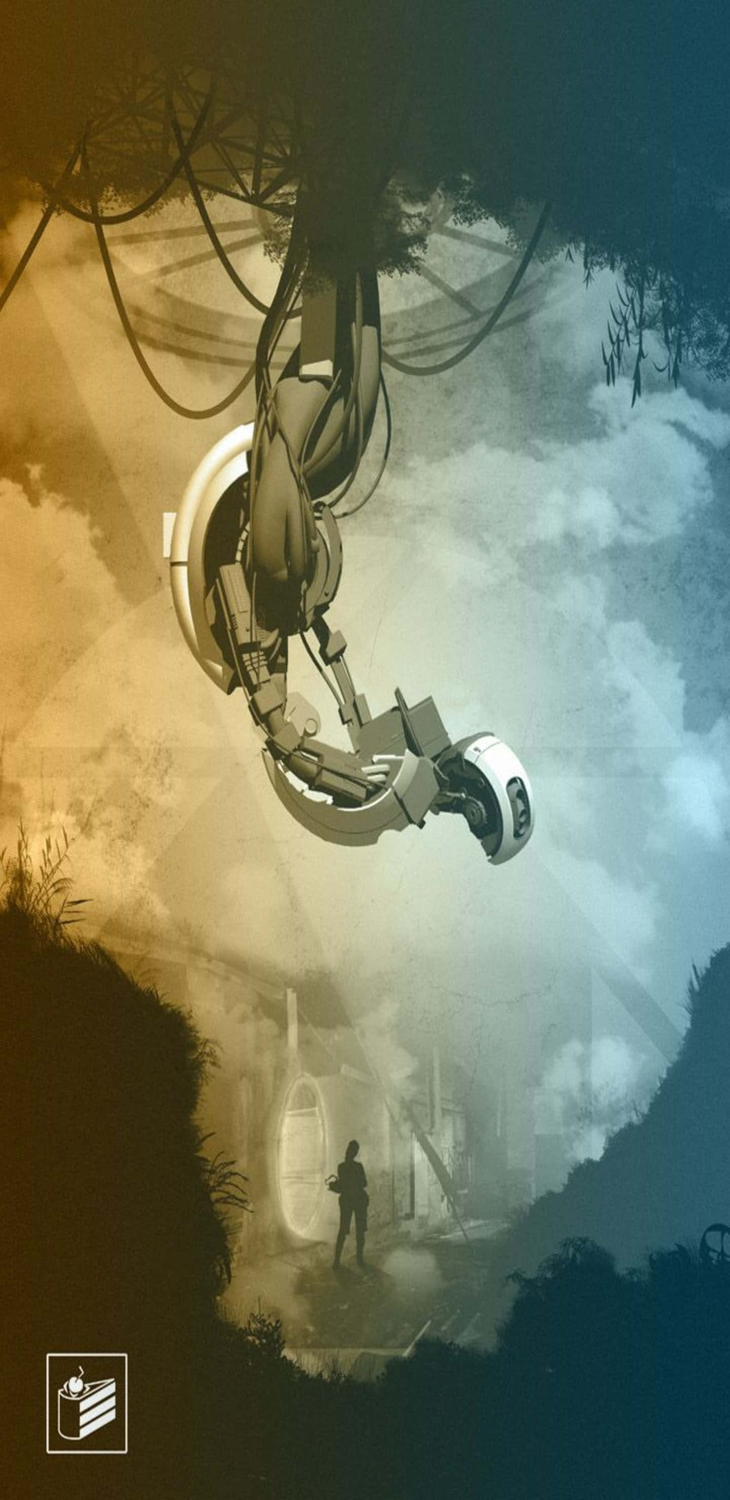 Portal 2 中 GLaDOS 机器人像素 3XL 背景 壁紙 — 一個孤獨的身影站在一個巨大的漂浮機械臂下，身處一個迷霧籠罩、超現實的山谷中，伴隨著發光的光芒。