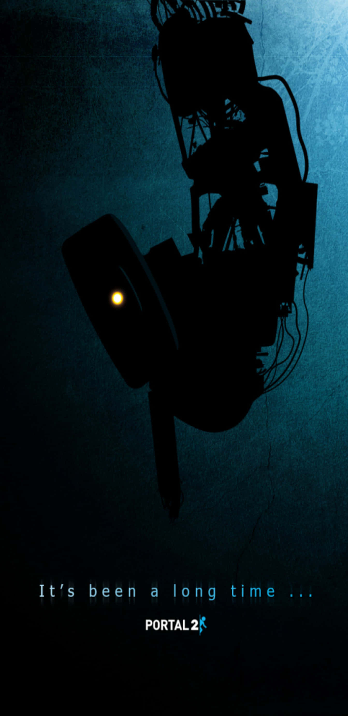 Portal 2 中的 GLaDOS 剪影壁紙 壁紙 — 一個複雜機器的黑色剪影，帶有發光的橙色燈光，懸掛在藍綠色虛空中。