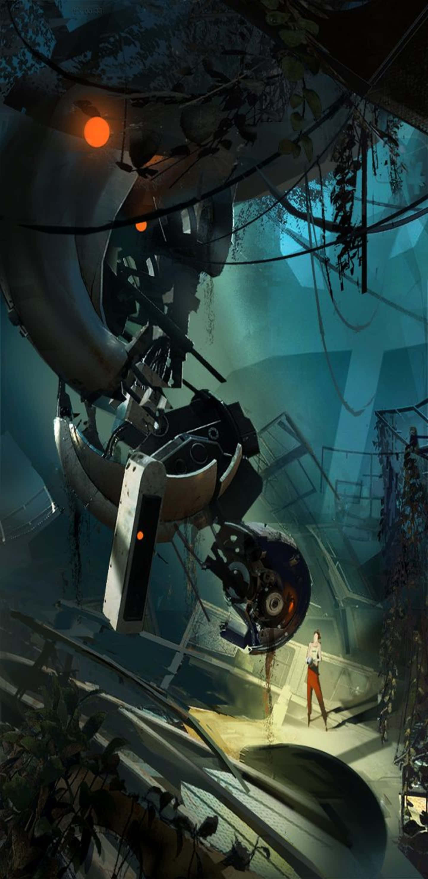 Portal 2 中的 GLaDOS 壁紙 — 一個孤獨的身影站在一座被藤蔓纏繞的巨大機械結構下，該結構在昏暗的水中廢墟中發出橙色光芒。