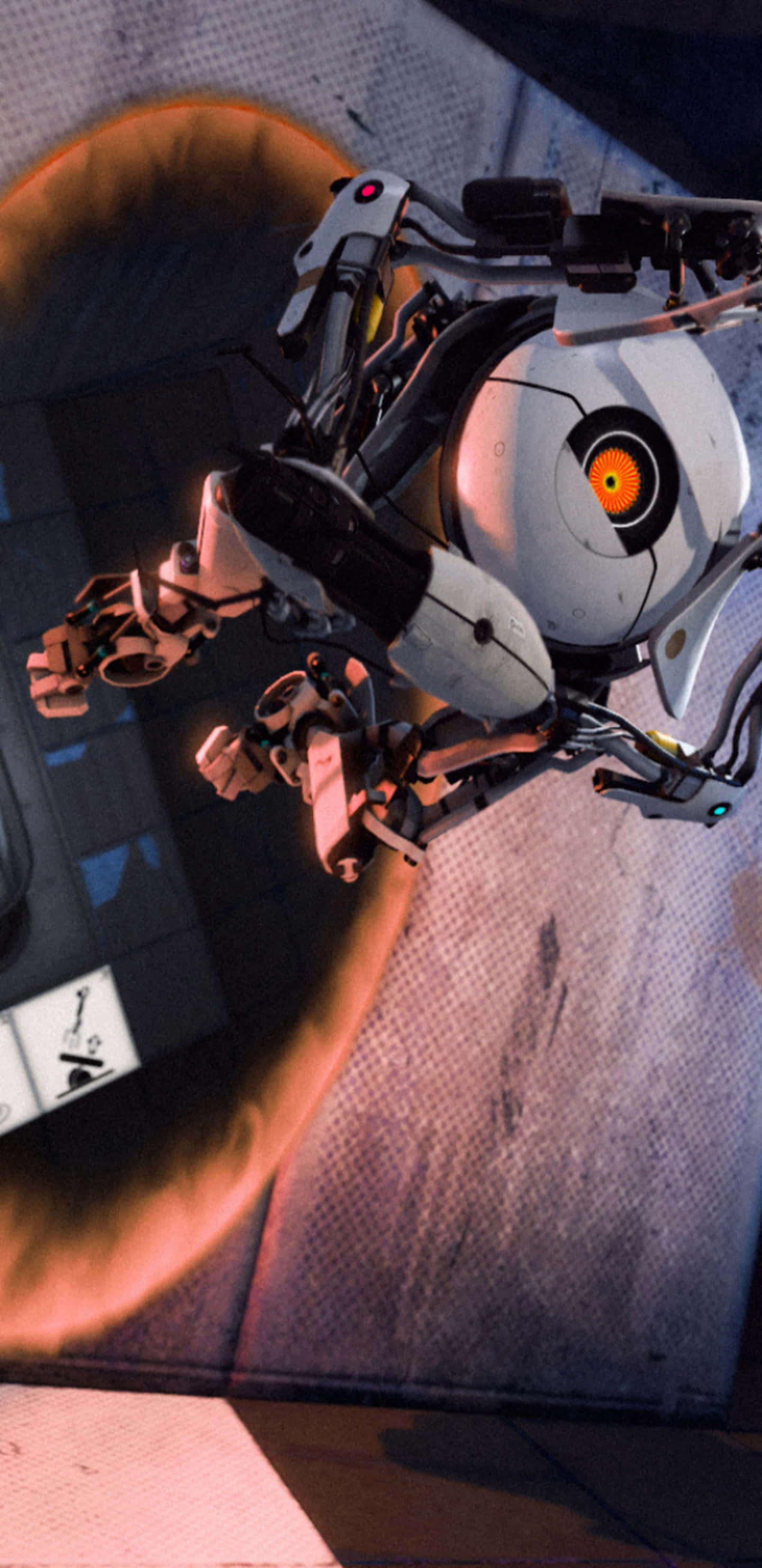 Portal 2 中的 P Body 壁紙 — 一個白色機械人，橙色眼睛，在金屬工業環境中利用發光傳送門懸浮在半空。
