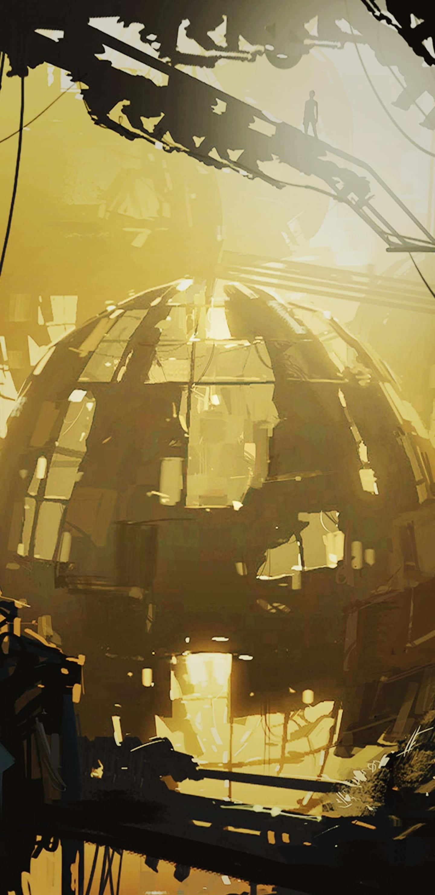 Portal 2 中的巨大地球壁紙 壁紙 — 一個孤獨的身影站在破碎的金屬樑上，下方是沐浴在金色光芒中的碎裂玻璃穹頂。