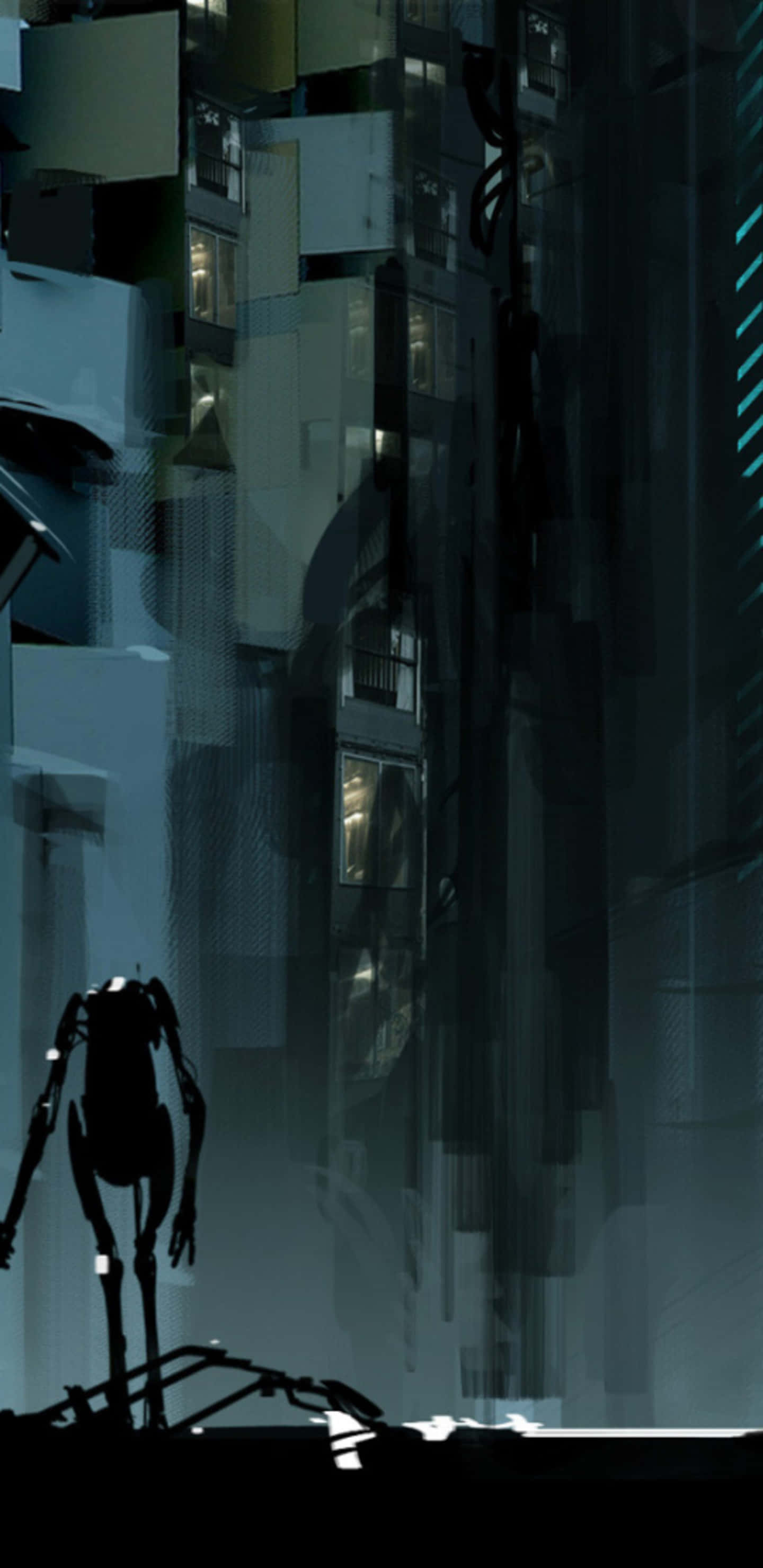 Portal 2 中的機器人剪影壁紙 壁紙 — 一個孤獨的機械人身影，佇立在霓虹燈高樓大廈之間，一條高聳、被雨水打濕的 cyberpunk 小巷中。