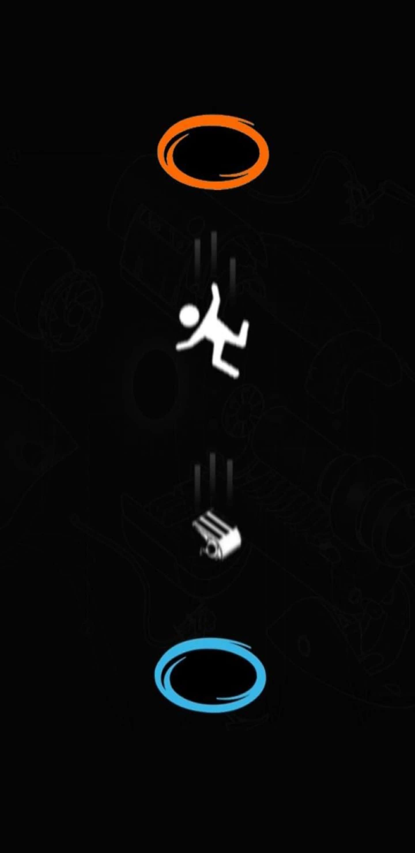 Portal 2 中的紅藍傳送門壁紙 壁紙 — 一個極簡數位插圖，描繪一個墜落的人物在發光的橙色和藍色圓環之間，背景為深色。