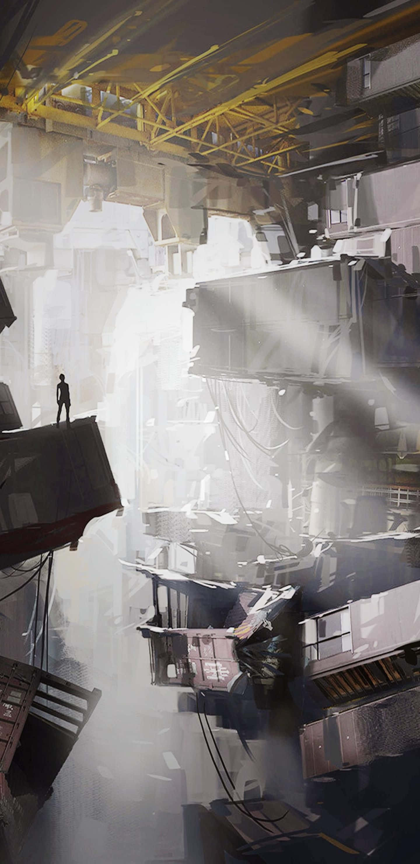 《Portal 2》像素 3XL 魔幻背景 壁紙 — 一個孤獨的身影站在一個破損的結構上，身處一個有黃色橫樑的霧氣瀰漫、腐朽的未來城市景觀中。