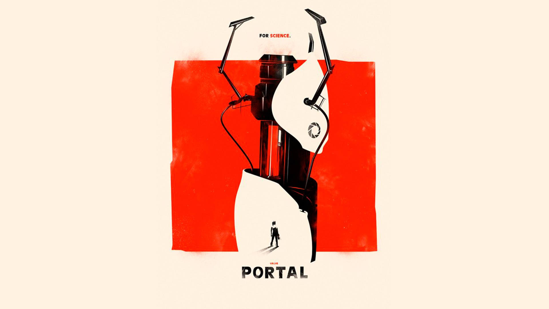 Portal 2 最簡主義藝術 壁紙 — 遊戲《Portal》的風格化海報，展示一個巨大的測試室，一個小人站在PORTAL字樣下方。