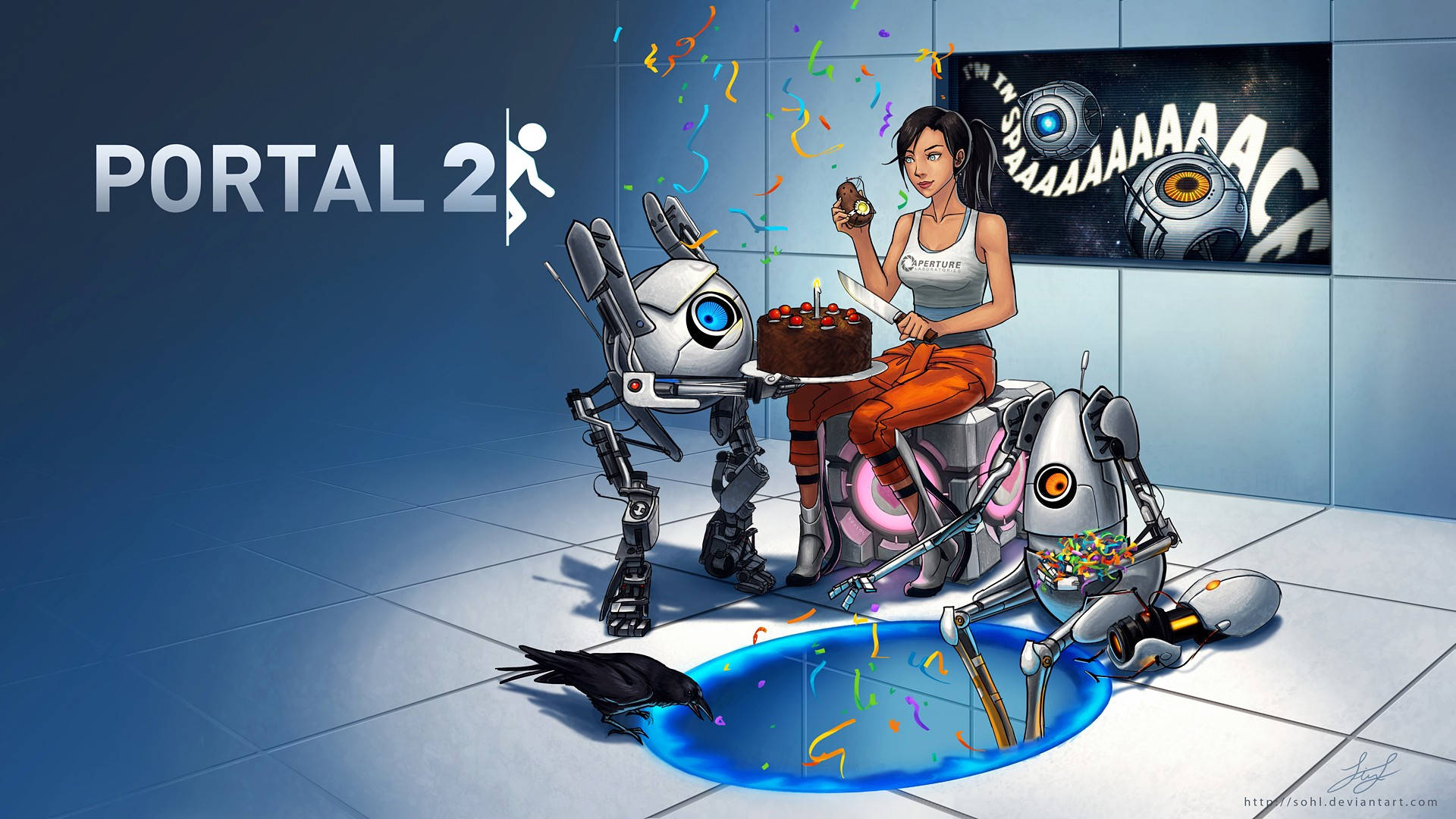 Portal 2 生日慶祝 壁紙 — 一位女士與兩個機械人在一個藍色瓷磚房間裡圍著蛋糕慶祝，周圍有五彩紙屑和一個傳送門水坑。