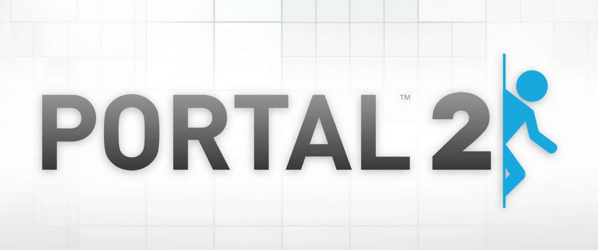 Portal 2 遊戲標誌，藍色人物在瓷磚牆上的文字旁攀爬。