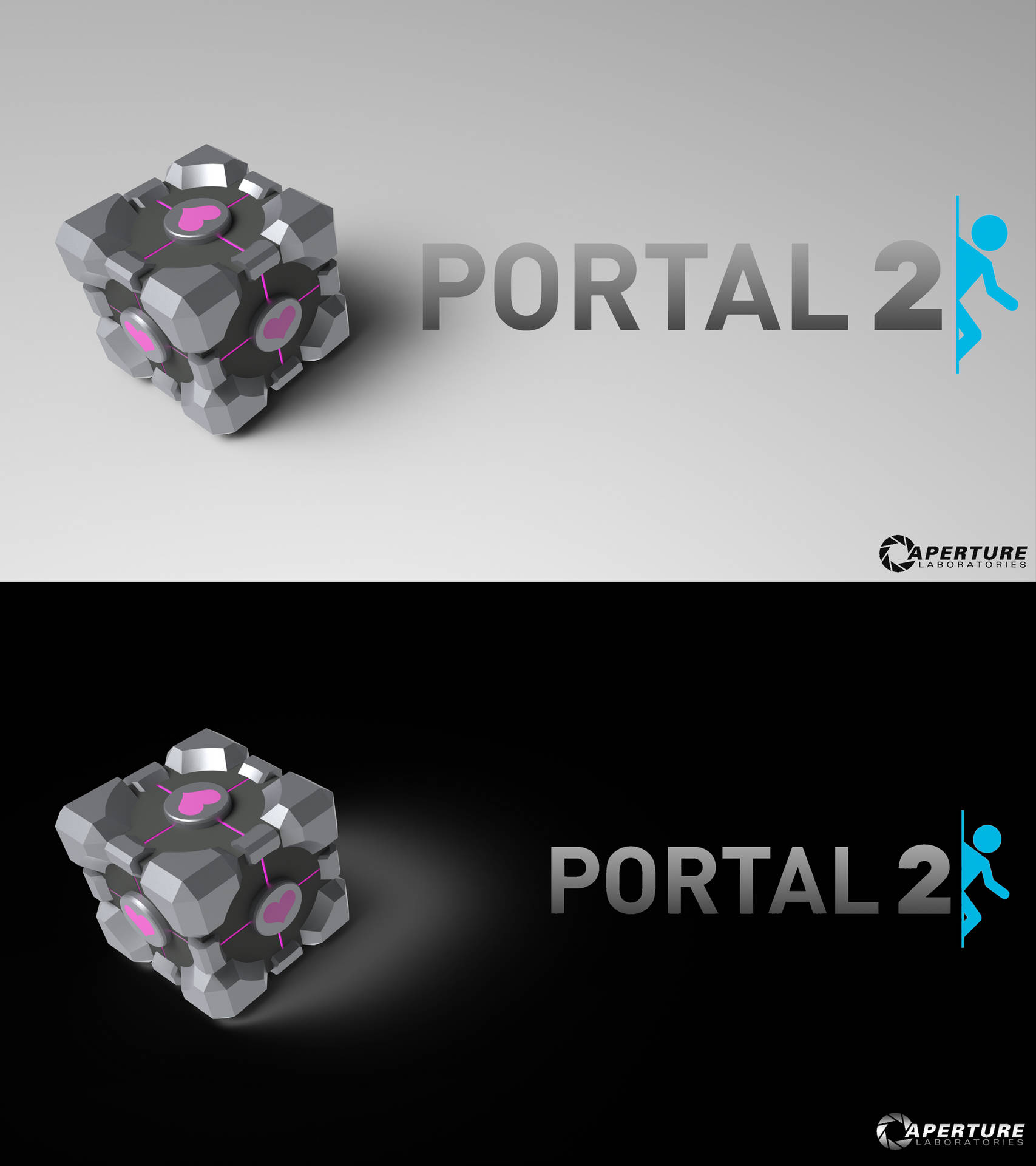 Portal 2 遊戲標誌，一個帶有發光粉紅色傳送門的立方體，背景為灰色和黑色。
