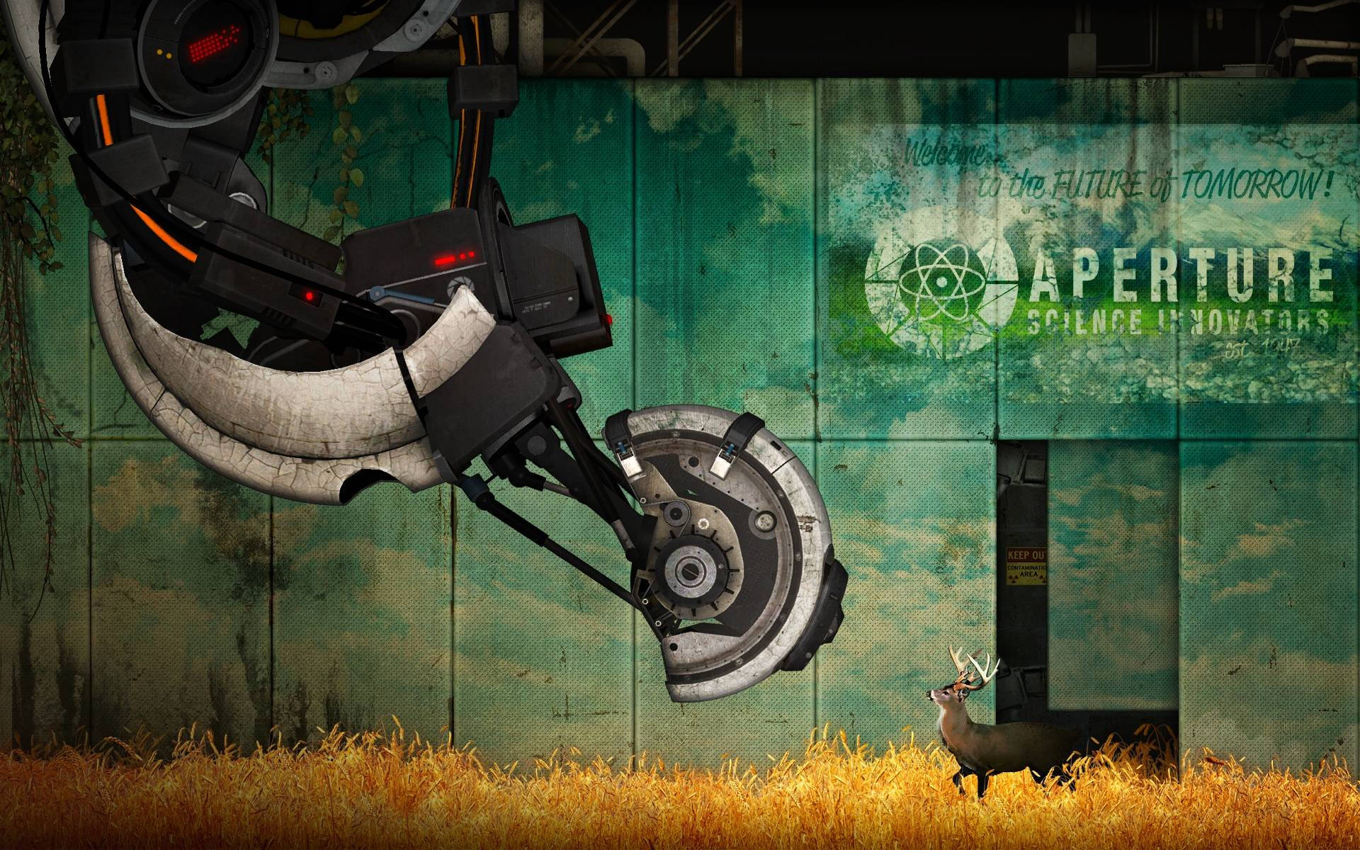 Portal 2 鹿與機器 壁紙 — 一隻鹿站在金色草地上，前面是生鏽的牆壁，上面有Aperture Science塗鴉，一個巨大的機械爪懸在頭頂。
