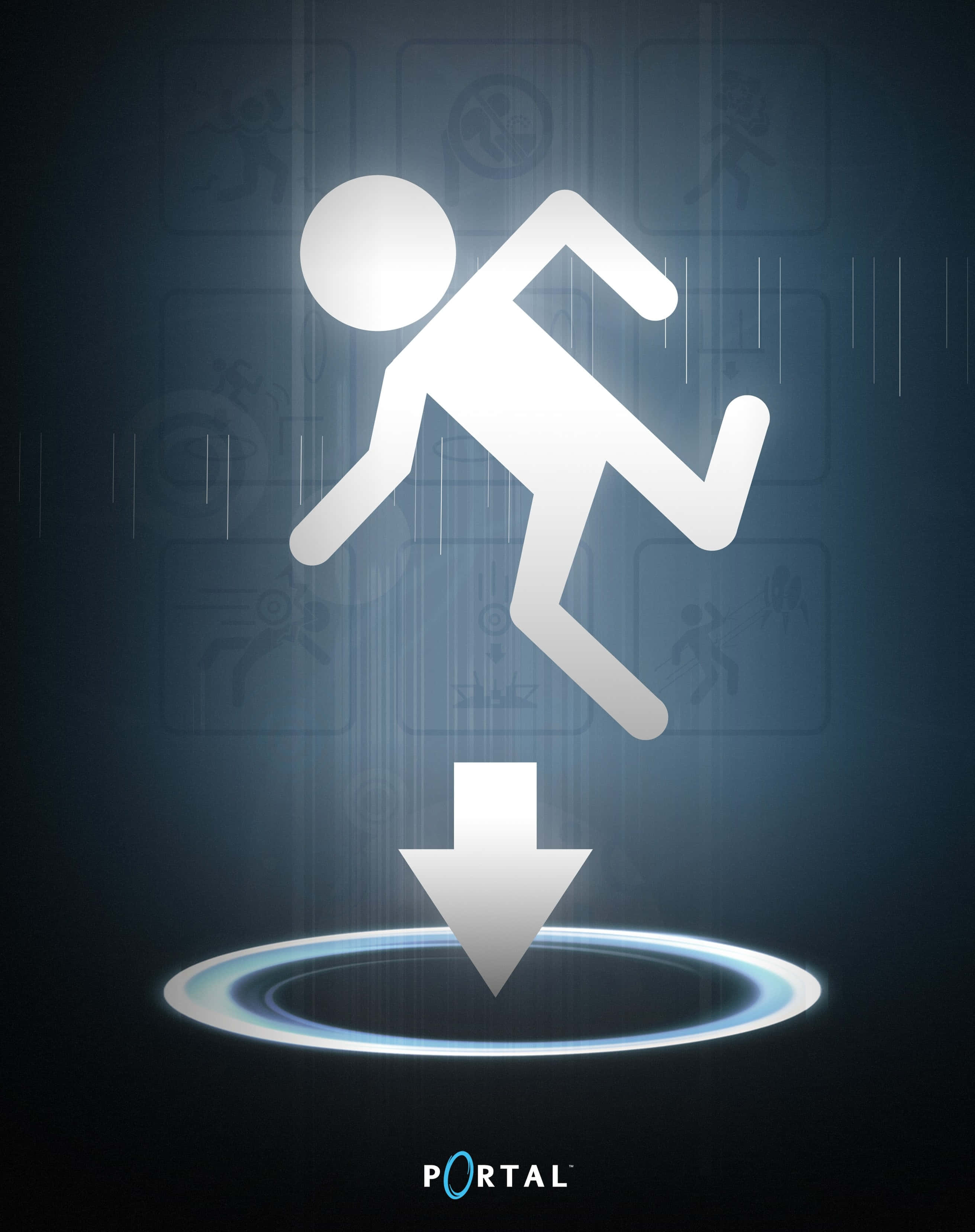 Portal iPhone 火柴人墜入洞口數位藝術 壁紙 — 一個發光的白色火柴人跑向一個帶有向下箭頭的藍色發光傳送門，背景為深色。