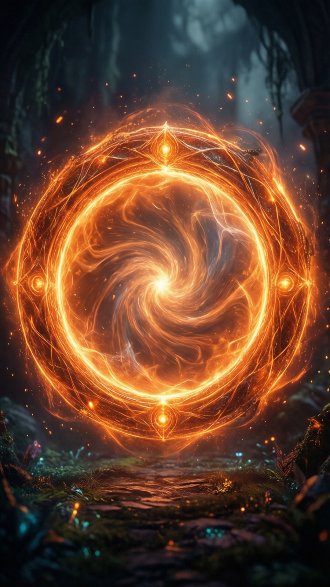 一個發光的橙色魔法傳送門在黑暗的森林中旋轉