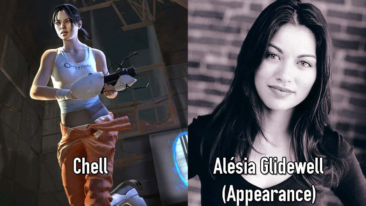 Portal Characters 桌布 壁紙 — 《Portal》中的 Chell 手持傳送槍，與飾演她的女演員 Alésia Glidewell 並排比較。