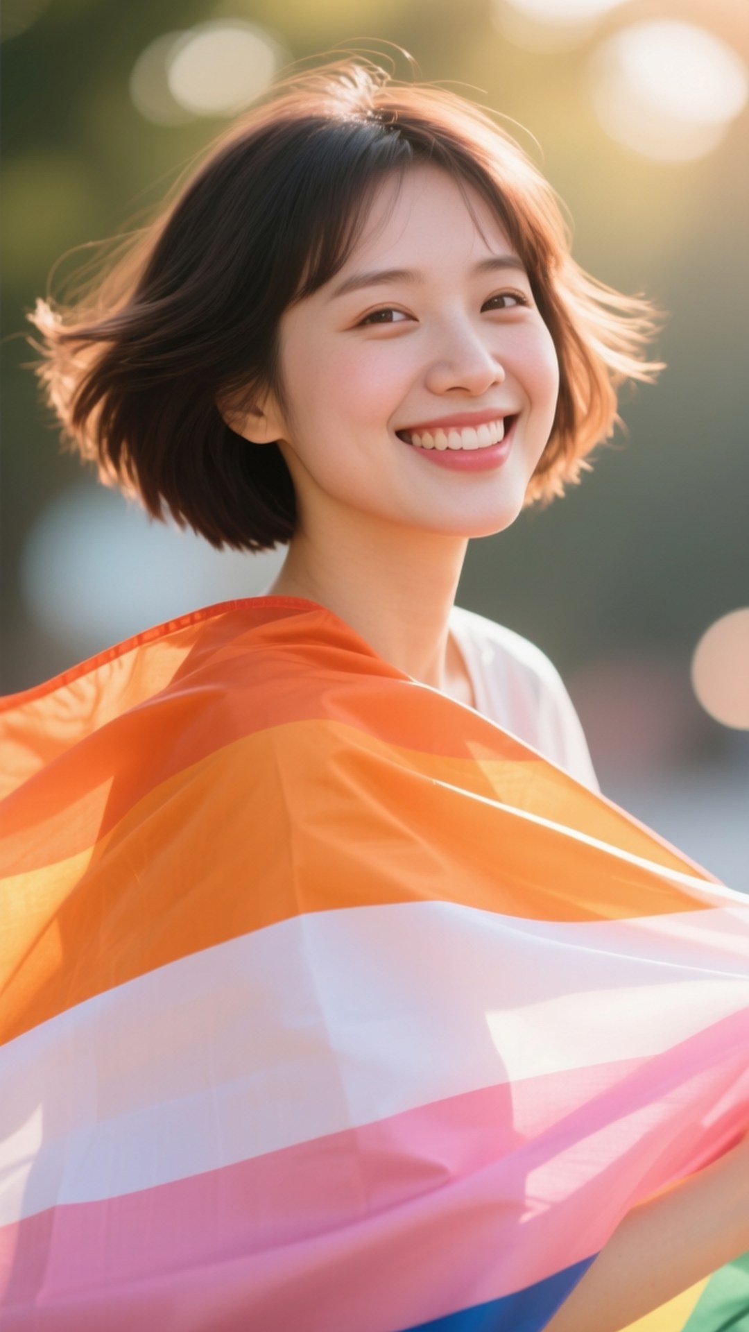 一位快樂的年輕女性在明亮的陽光下戶外手持彩虹旗。