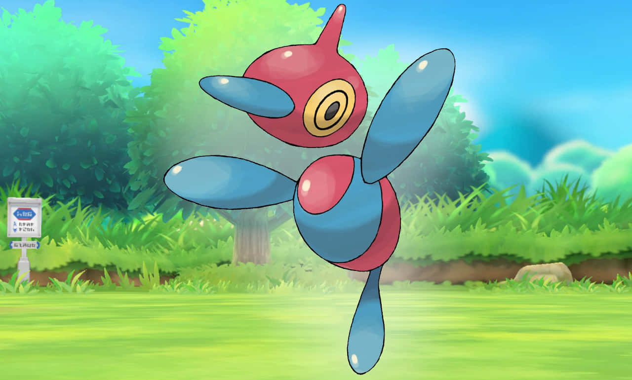 電流脈衝的Porygon Z — 解放力量 壁紙 — 一隻紅色和藍色的卡通寵物小精靈，擁有螺旋槳般的翅膀，在晴朗的藍天下盤旋在充滿活力的綠色田野上。