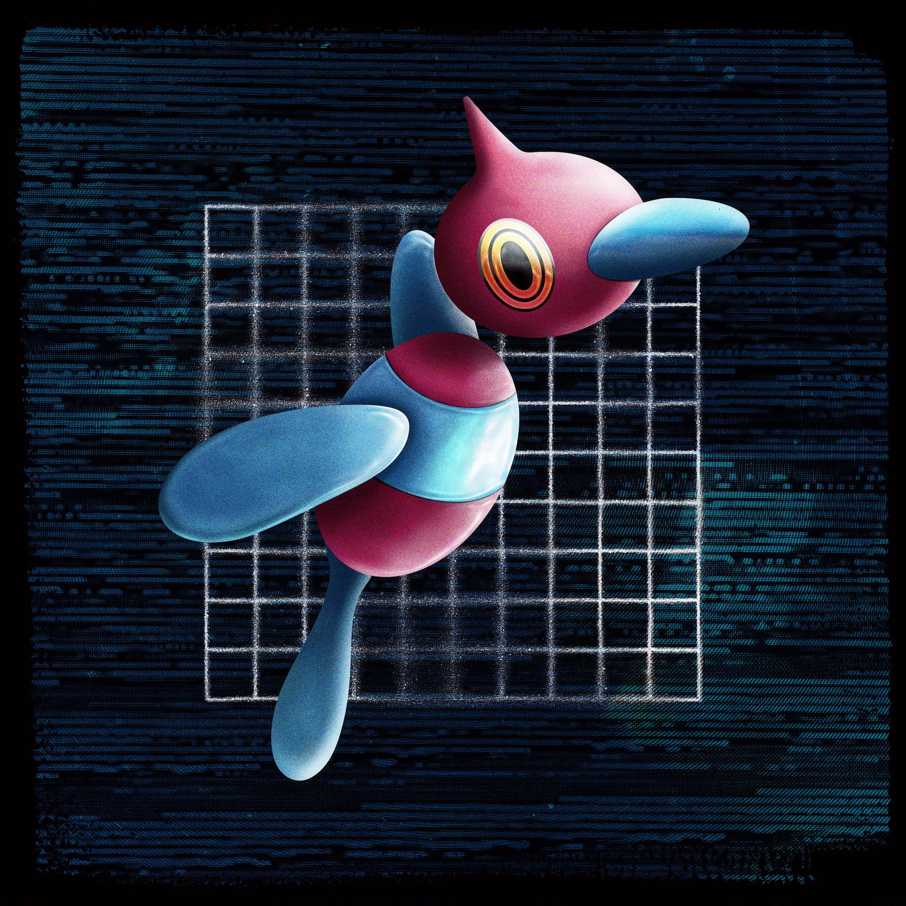 Porygon Z 動作場景 — 寶可夢宇宙 壁紙 — 一隻風格化的粉紅色和藍色鳥類生物，帶有發光的眼睛，在黑暗的數位背景前懸浮在發光的網格前。