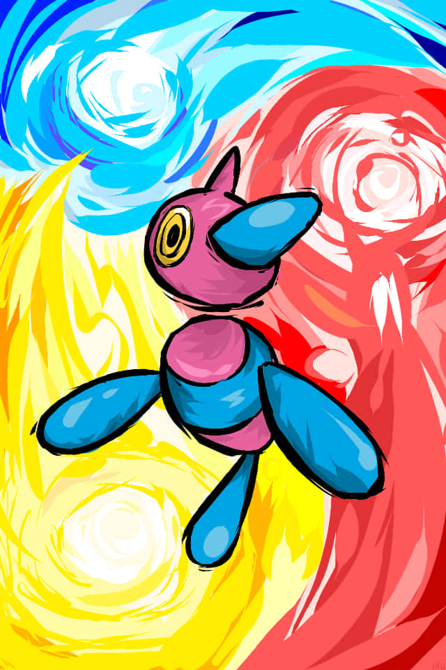 進化奇蹟：數位奇觀 — Porygon-Z 壁紙 — 一個風格化的粉紅色和藍色卡通生物漂浮在旋轉的紅色、黃色和藍色宇宙能量中。