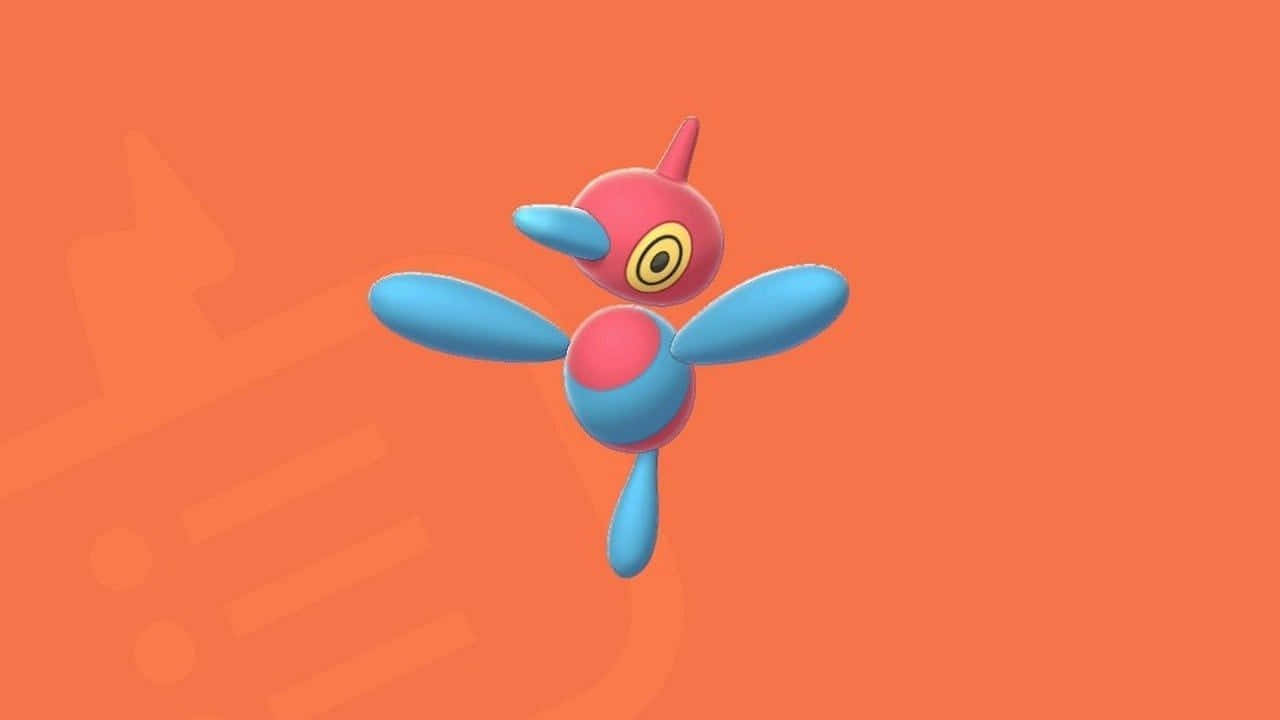 Porygon Z — 最終虛擬寶可夢進化 壁紙 — 一個風格化的粉紅色和藍色卡通生物，有大眼睛和翅膀狀附肢，漂浮在純橙色背景上。
