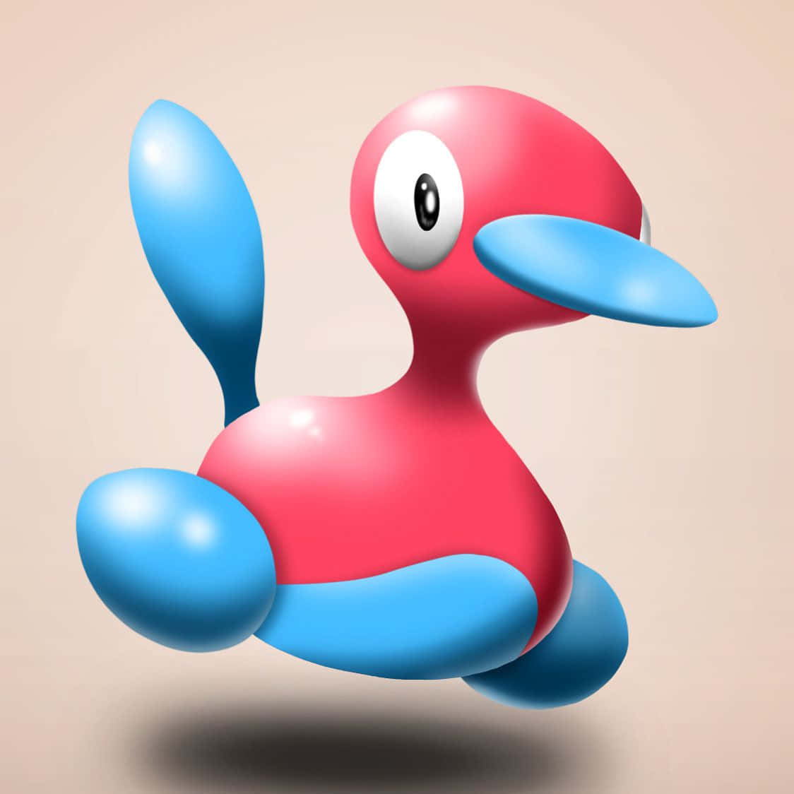 Porygon2 3D 淡粉紅背景 壁紙 — 一隻有光澤的粉藍色卡通鴨，大眼睛，漂浮在柔和的米色背景上。