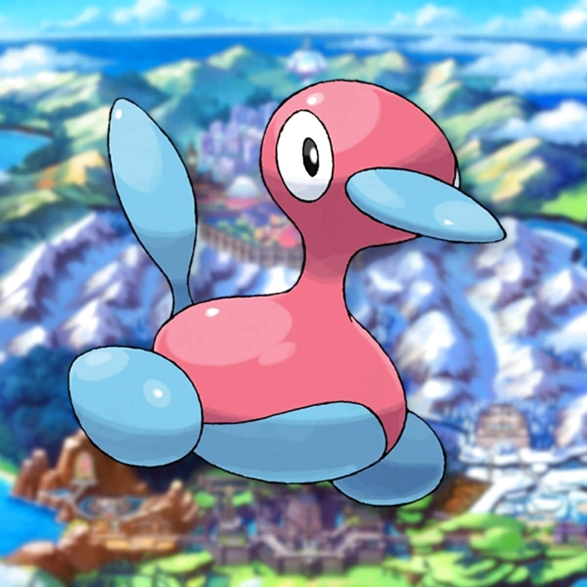 Porygon2動態呈現！炫酷數位寶可夢於模糊背景 壁紙 — 一隻粉紅色和藍色的卡通鳥寶可夢漂浮在色彩繽紛的山地景觀上空，遠處有一座城市。
