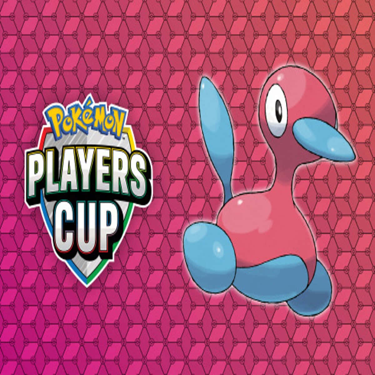 Porygon2寶可夢玩家杯海報 壁紙 — 一隻粉紅色和藍色的卡通比卡超在圖案洋紅色背景上漂浮在「Pokémon Players Cup」標誌旁邊。