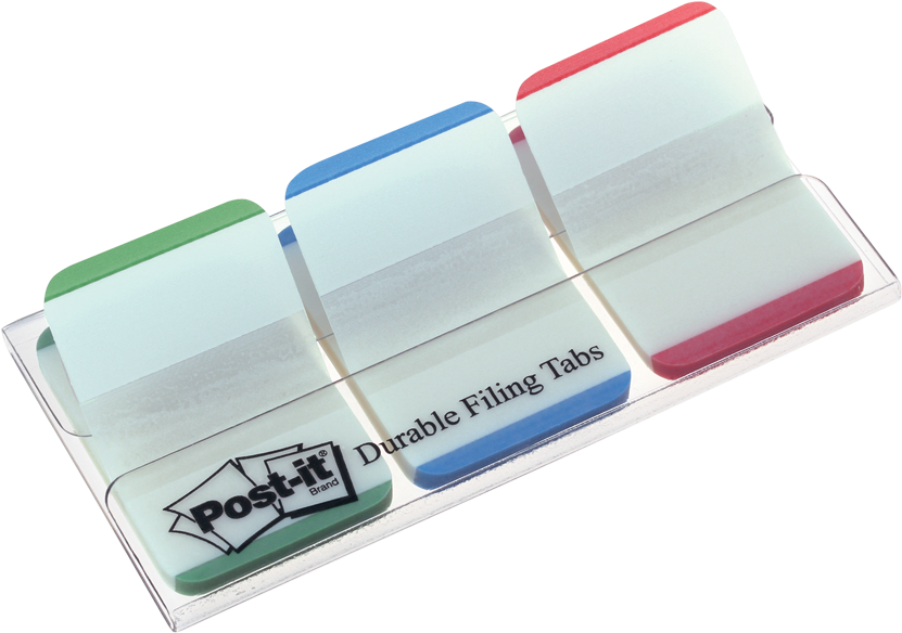 Post-it 耐用分類標籤包 壁紙 — 一組色彩繽紛的Post-it Durable Filing Tabs，綠色、藍色和紅色，排列在透明塑膠包裝內，背景為黑色。