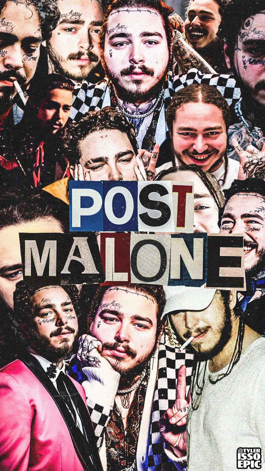 Post Malone 桌布 壁紙 — Post Malone 不同姿勢和服裝的面部拼貼，帶有粗體文字疊加。