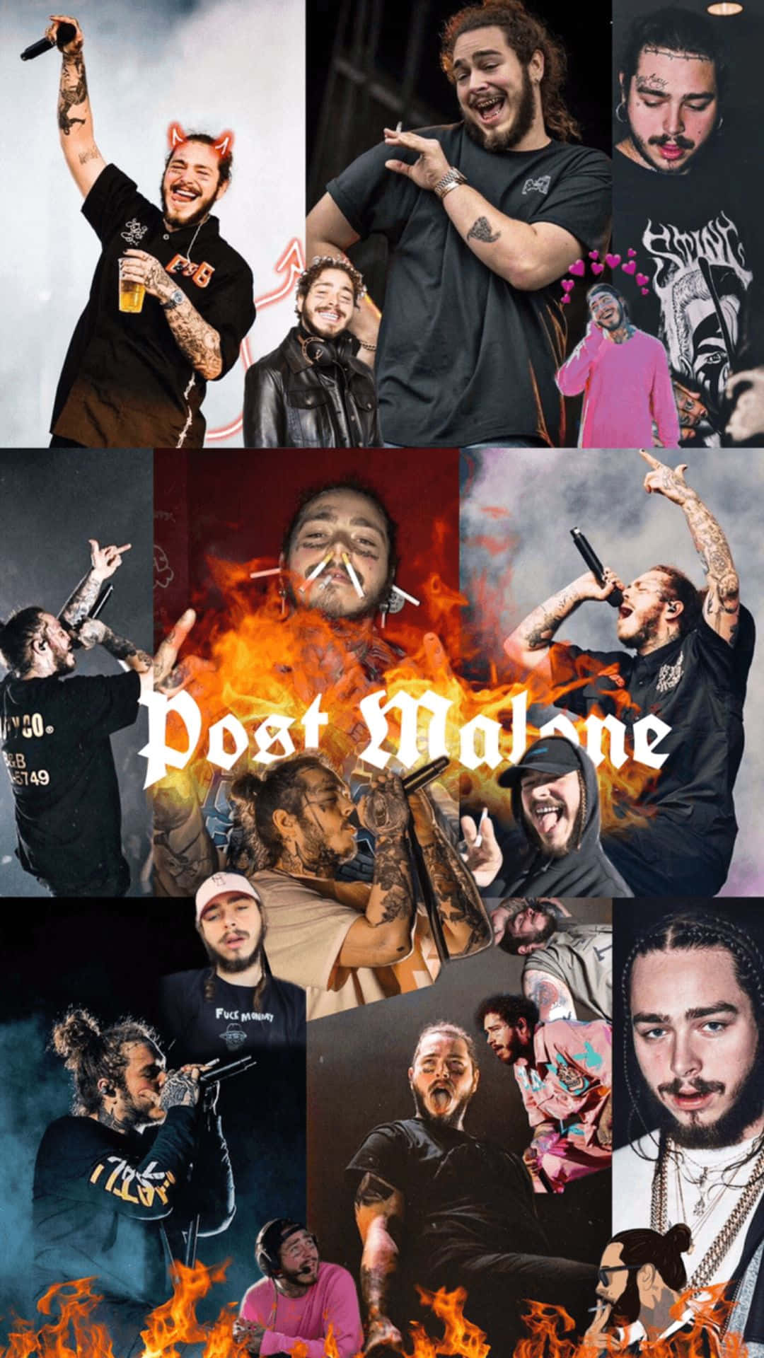 Post Malone 桌布 壁紙 — Post Malone 在演唱會照片中展現紋身、火焰和富有表現力的姿勢的充滿活力的拼貼畫。