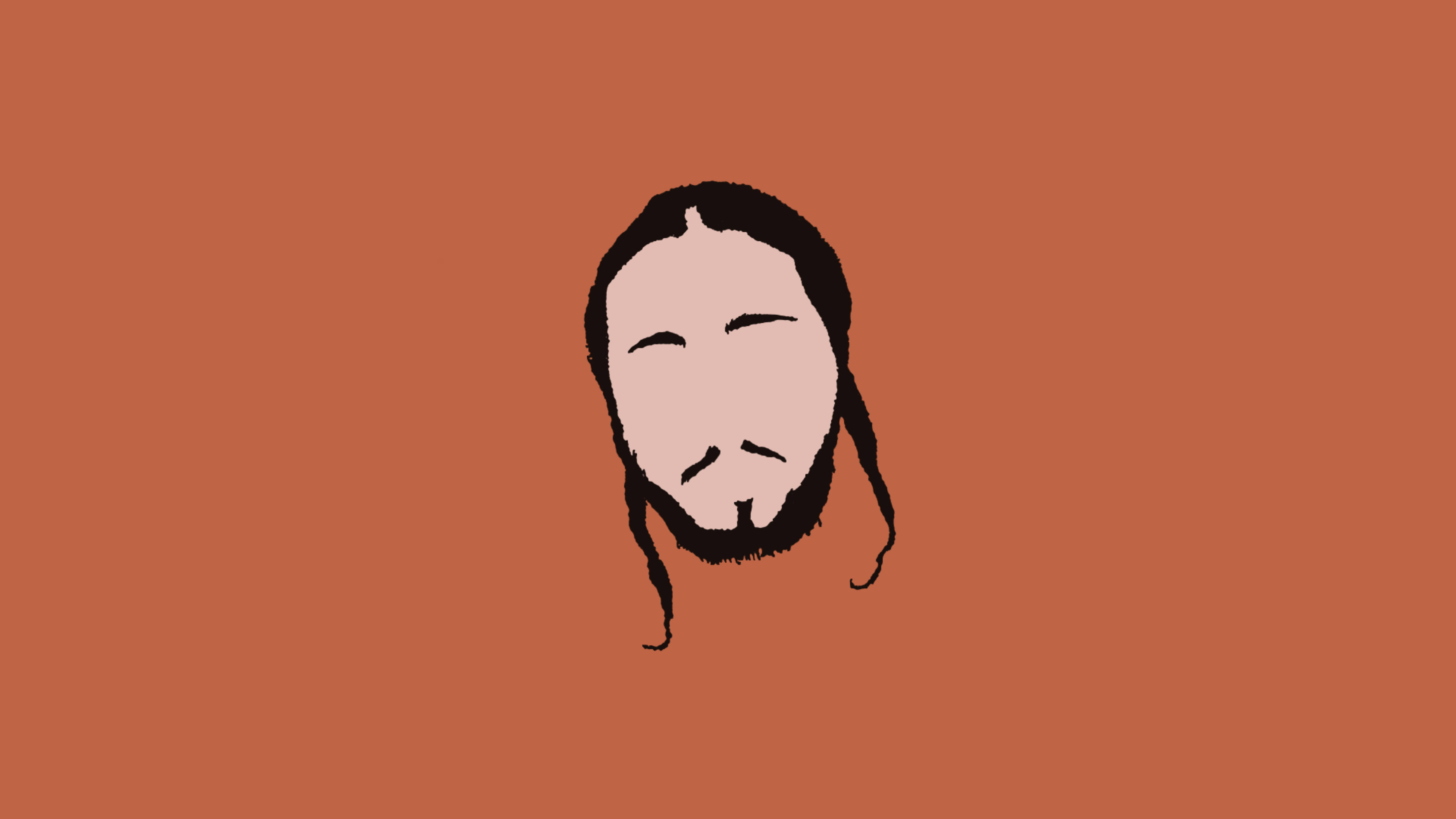 Post Malone 最簡風格 壁紙 — 簡約線條插圖，描繪一張帶有長髮和鬍鬚的寧靜面孔，背景為純色陶土色。