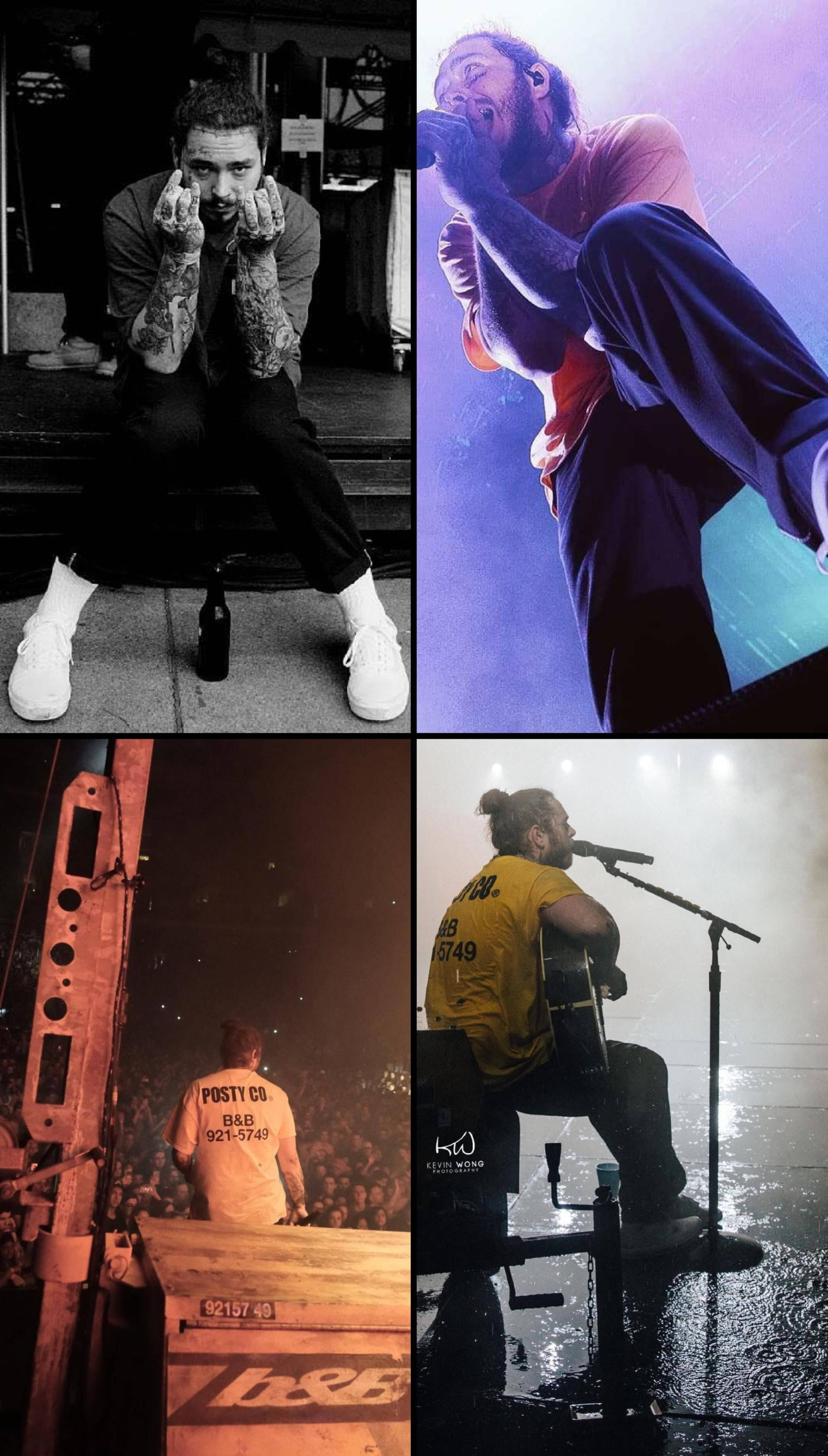 Post Malone 網格拼貼 壁紙 — 四張坦率的音樂會照片捕捉了音樂家在舞台燈光下和昏暗場地中熱情表演的瞬間。