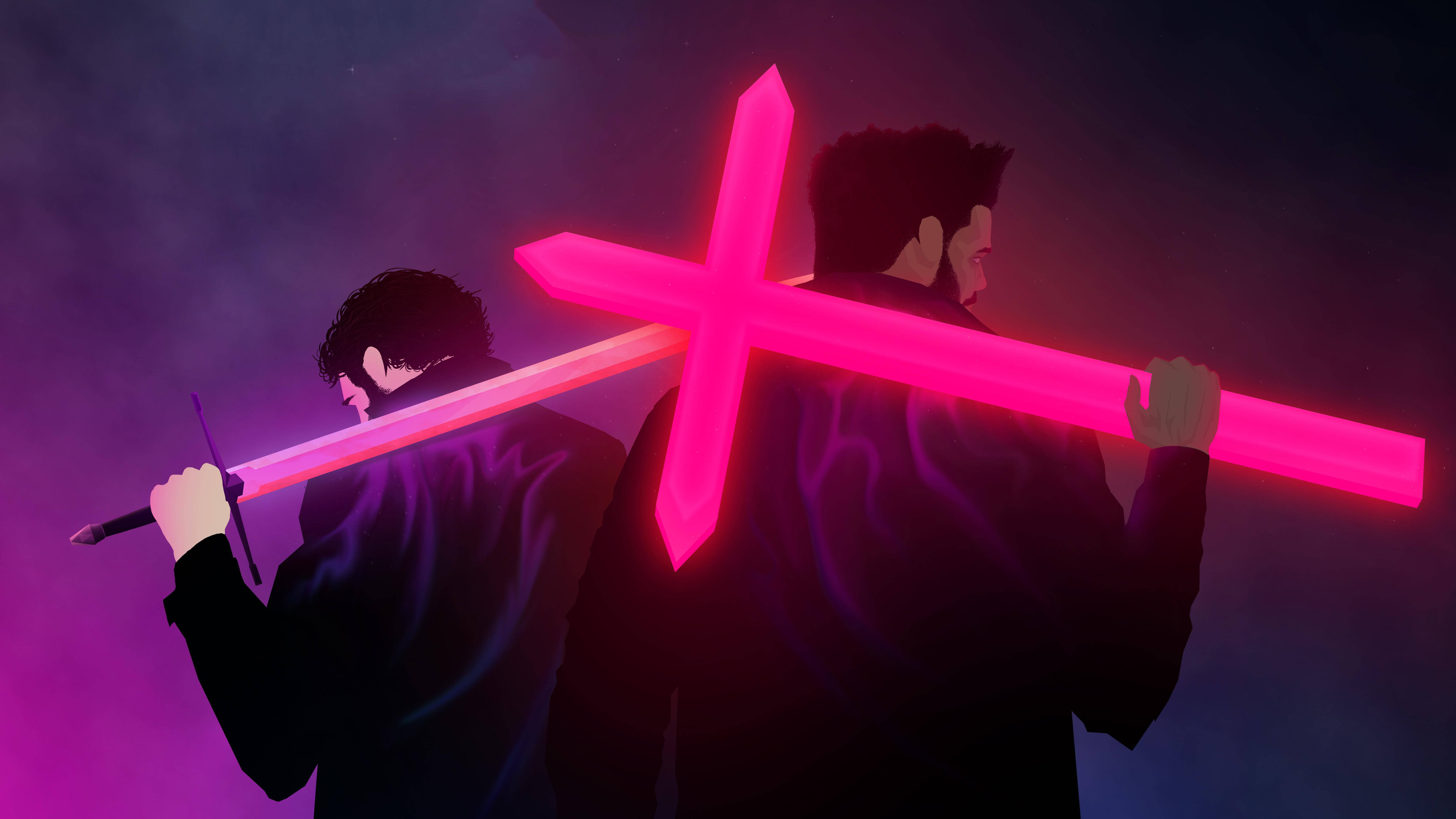 Post Malone 與 The Weeknd 藝術作品 壁紙 — 兩個身穿暗色斗篷的人物手持發光粉紅色劍，形成十字架，背景是煙霧彌漫的紫色夜空。