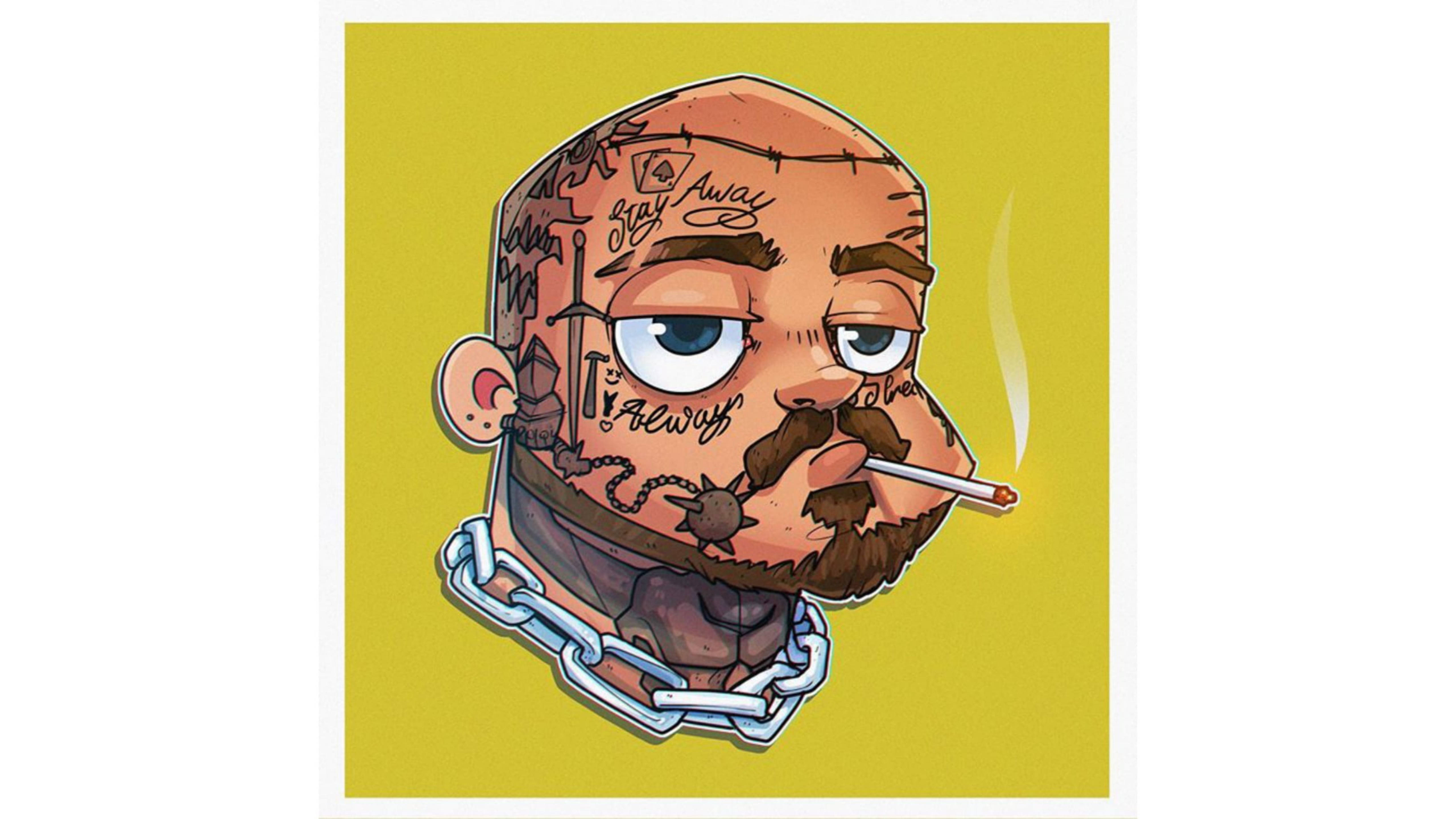 Post Malone卡通藝術 壁紙 — 一個有紋身、戴著鏈條項圈的男人在純黃色背景上抽煙。
