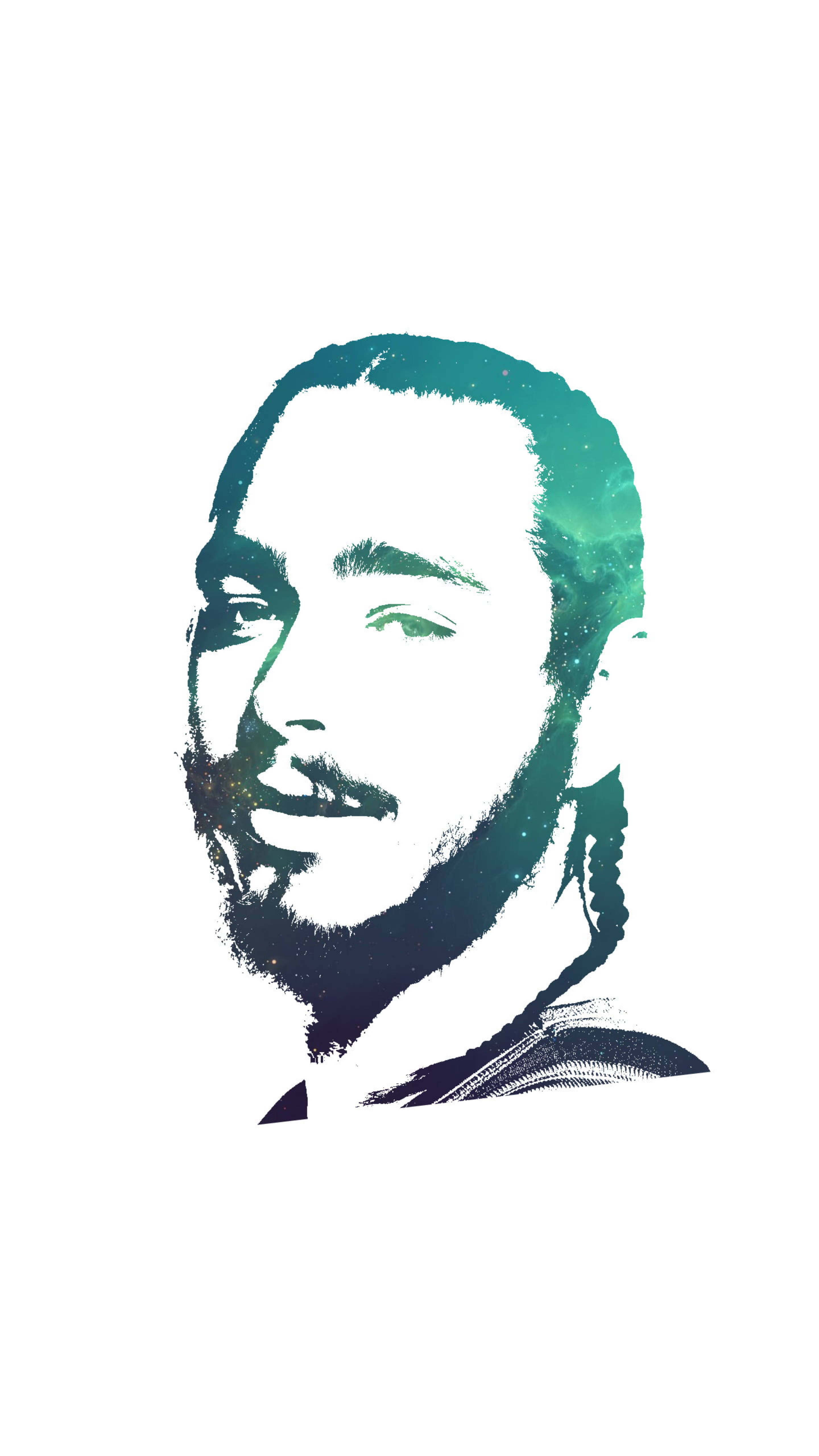 Post Malone極簡主義流行藝術 壁紙 — 一個風格化的男人肖像，有辮子頭髮和鬍鬚，以青綠色和黑色在白色背景上呈現。