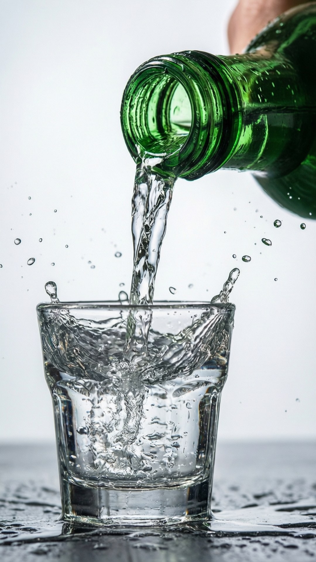 水從綠色瓶子倒入玻璃杯，在白色表面上產生水花和飛濺