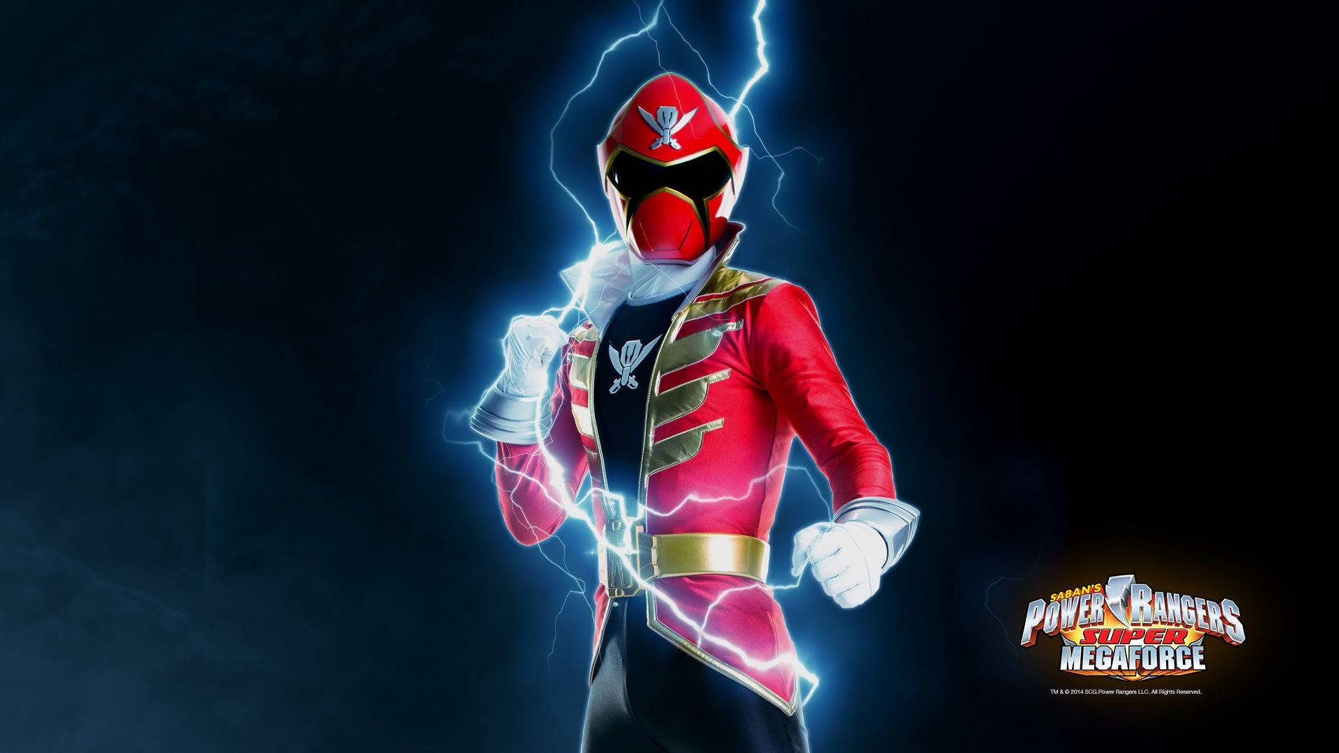 Power Rangers Megaforce紅色戰士 壁紙 — 紅色Power Ranger以動態姿勢被電閃雷鳴環繞，背景為黑暗風暴。