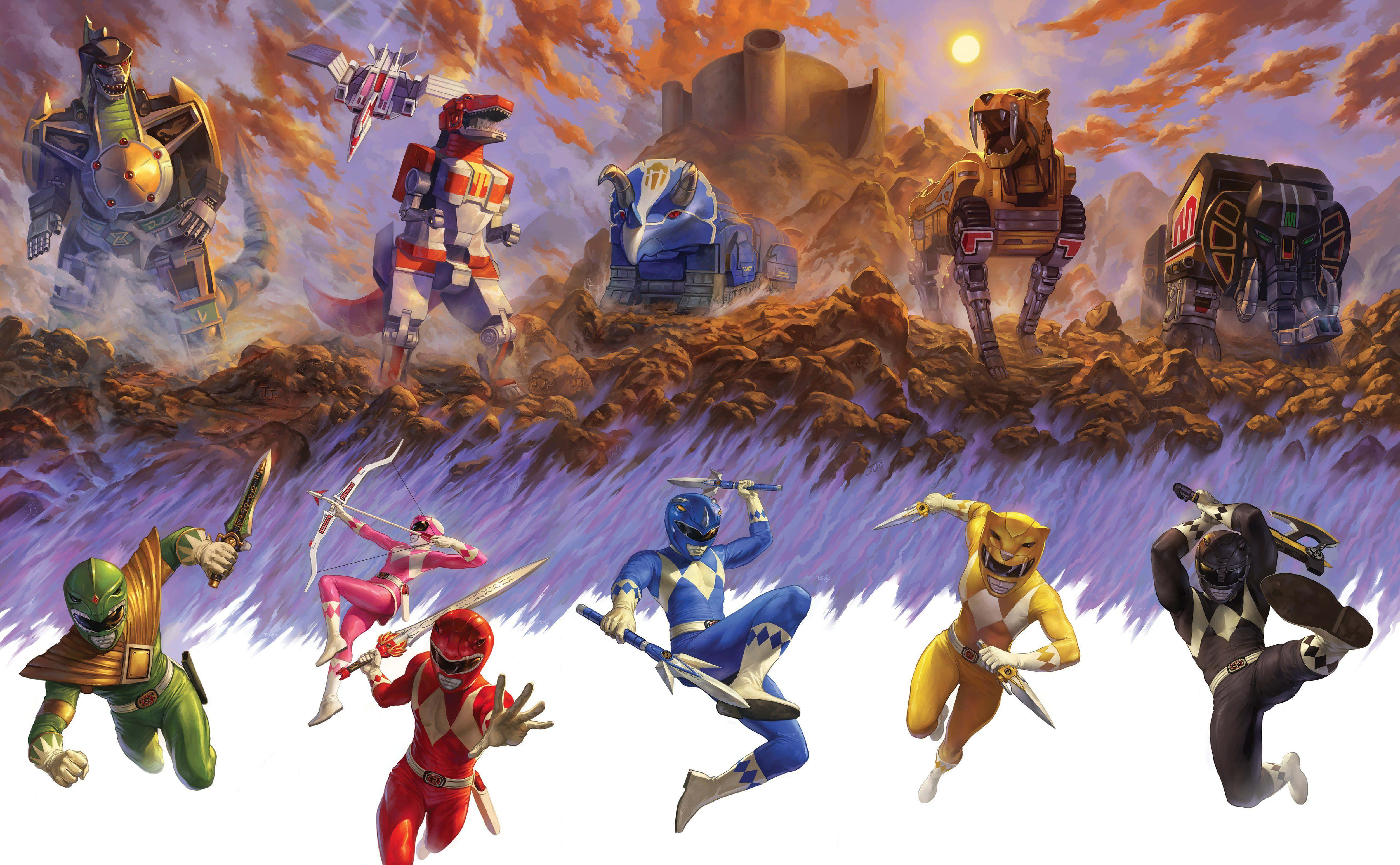 Power Rangers 桌布 壁紙 — Power Rangers 以動感姿勢與他們的獸神在熾熱的外星戰場上，在發光的太陽下。