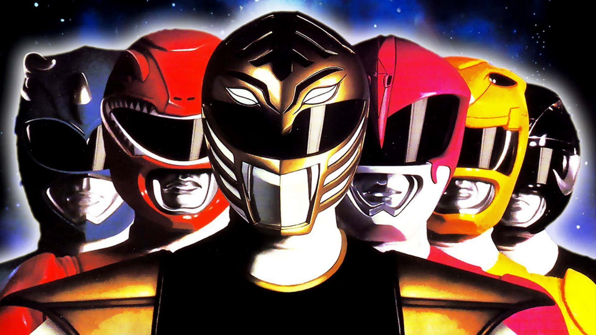 Power Rangers準備拯救世界！ 壁紙 — 五位Power Rangers戴着標誌性頭盔，在星光燦爛的宇宙背景下英勇站立，眼睛發光，色彩鮮豔。